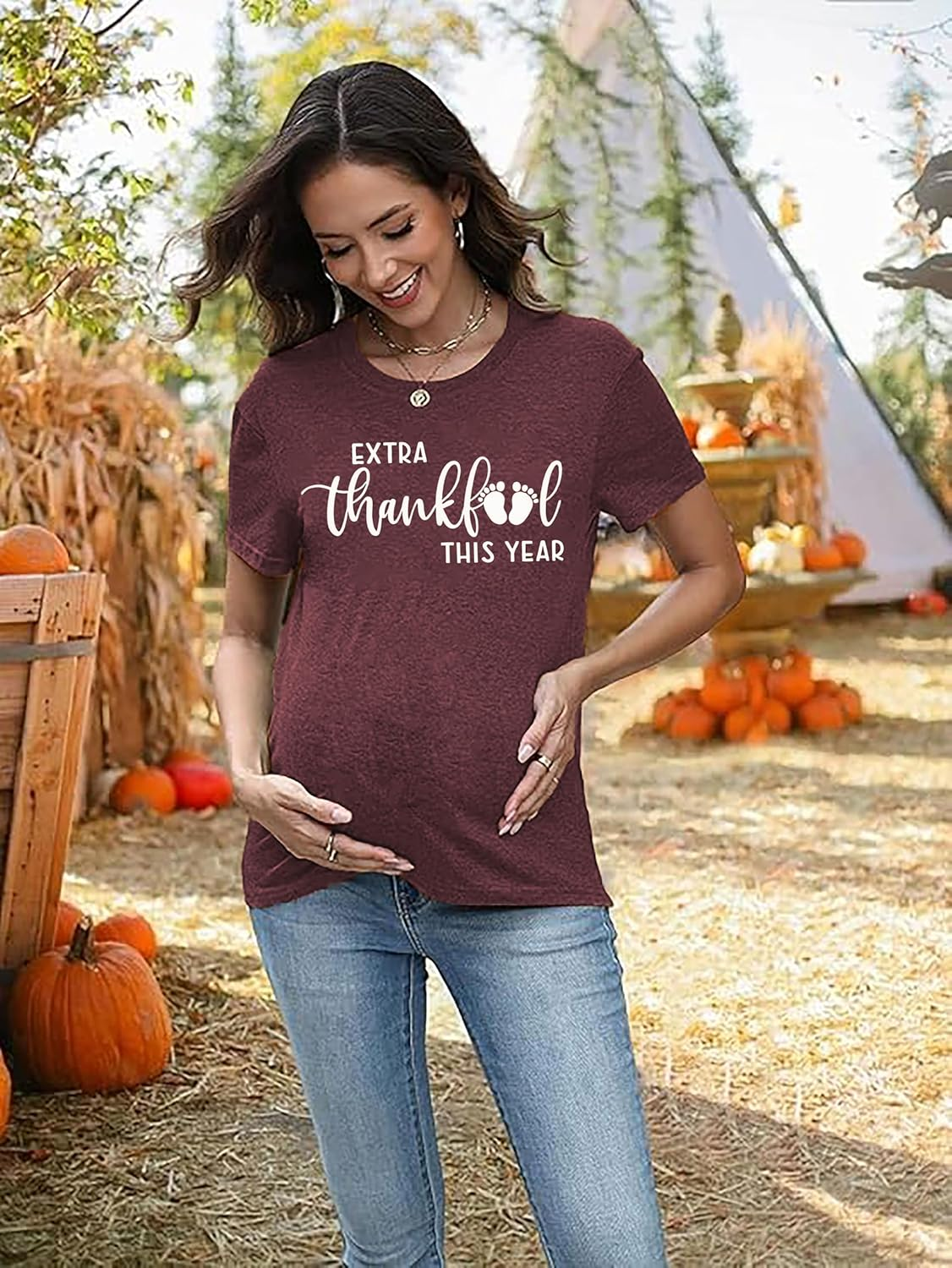 Thanksgiving Pregnancy Shirt Thankful Maternity Tees Cute Turkey Graphic Pregnancy Announcement Fall Tops Pregnancy Shirt image number 5