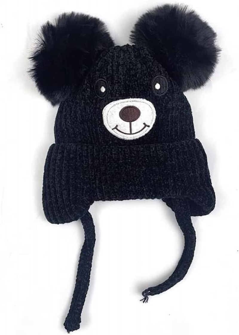 Cute Bear Kids Winter Fleece Lined Knitted Hat with Ear Flaps Dual Pom-Pom Chenille Furry Beanie Earflap Warm Beanie Hat with Strap Cold Weather Warm Hat for 1-5 Y Infant Toddler Boys Girls
