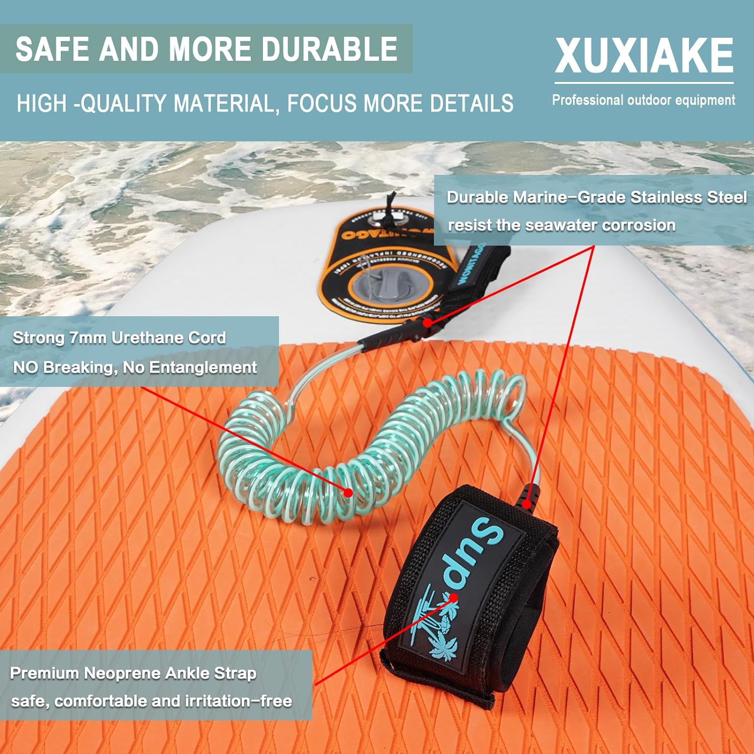 Coiled SUP Leash Premium Stand up Paddle Board Leg Rope Wrist Strap Surfboard Leash for Paddleboard, Shortboard, Longboard image number 6