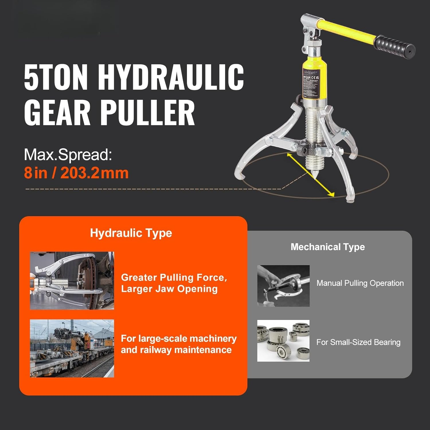 Hydraulic Gear Puller, 5 Ton Max Capacity Wheel Bearing Pulling Separator, 2 or 3 Jaws Puller, Vertically and Horizontally, 8" Jaw Hydraulic Puller with Case for Pulling Hubs image number 3