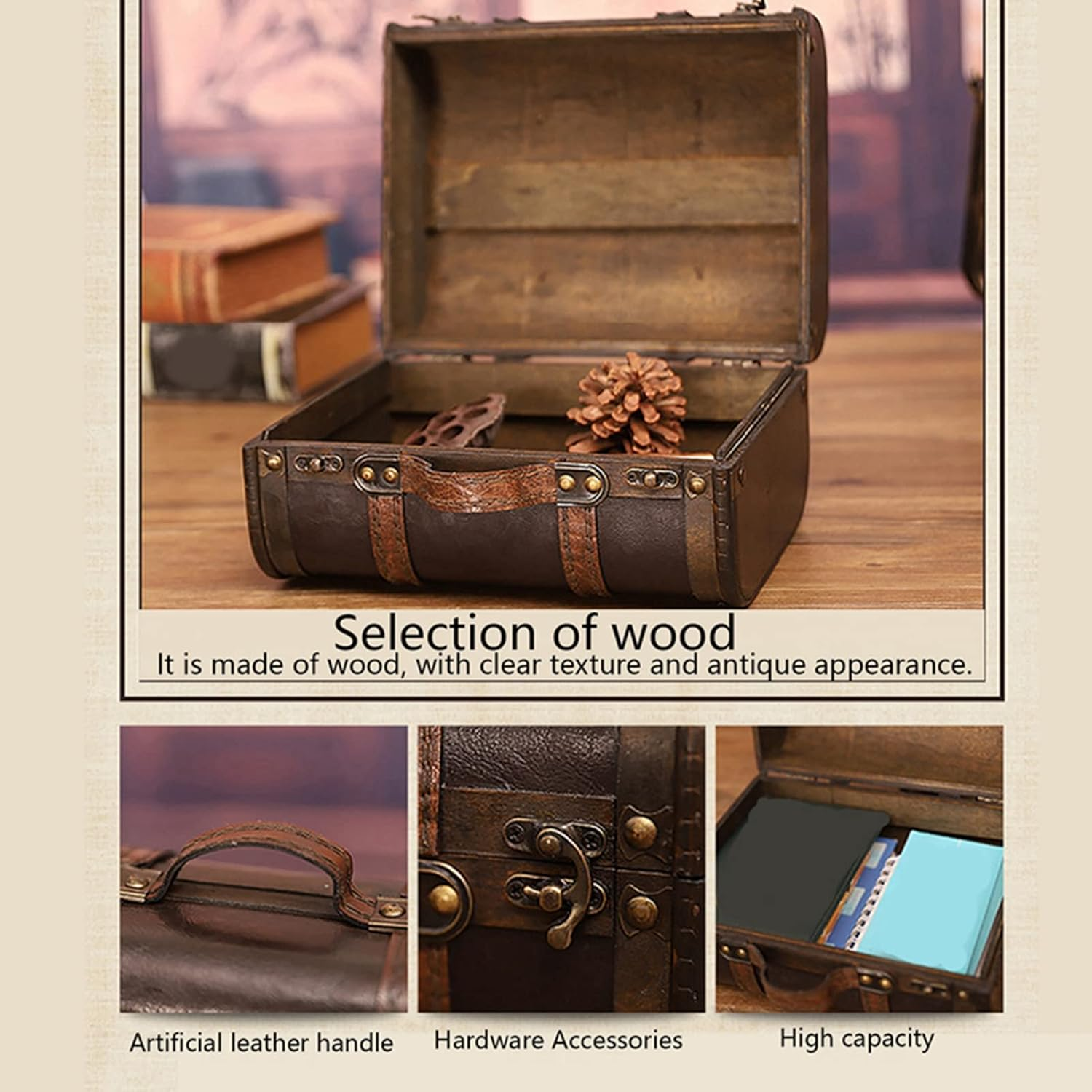 LIYJTK Vintage Retro Wooden Suitcase, Large Capacity Storage Trunk, Studio Decoration & Photography Props, 24 X 17.3 X 11.9Cm image number 6