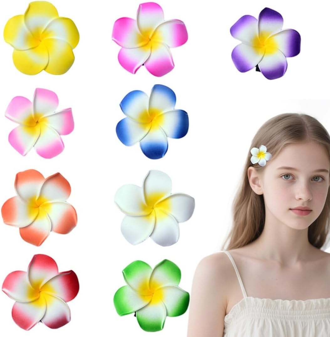 SIRLOMU 9 Pieces Flower Hair Clips Hawaiian Flower Hair Clips Plumeria Hair Clips Bohemian Tropical Flower Hair Clips Women Holiday Beach Party Artificial Flower Clips image number 2