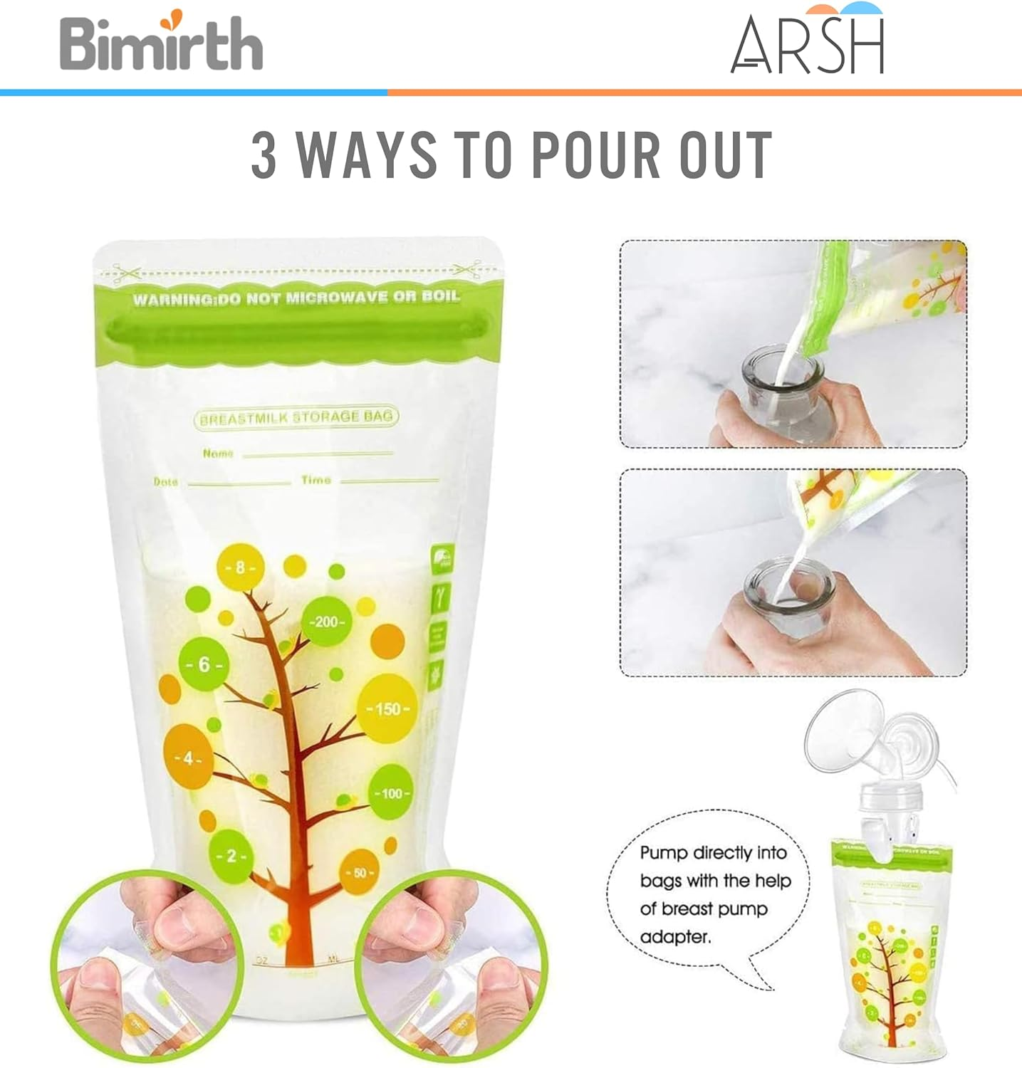 ARSH Breastmilk Storage Bags (112 Bags - 200 Ml) Freezer Safe Transparent Breast Milk Storage Bag with Double Zipper Self Standing, Leak Proof, Presealed image number 6