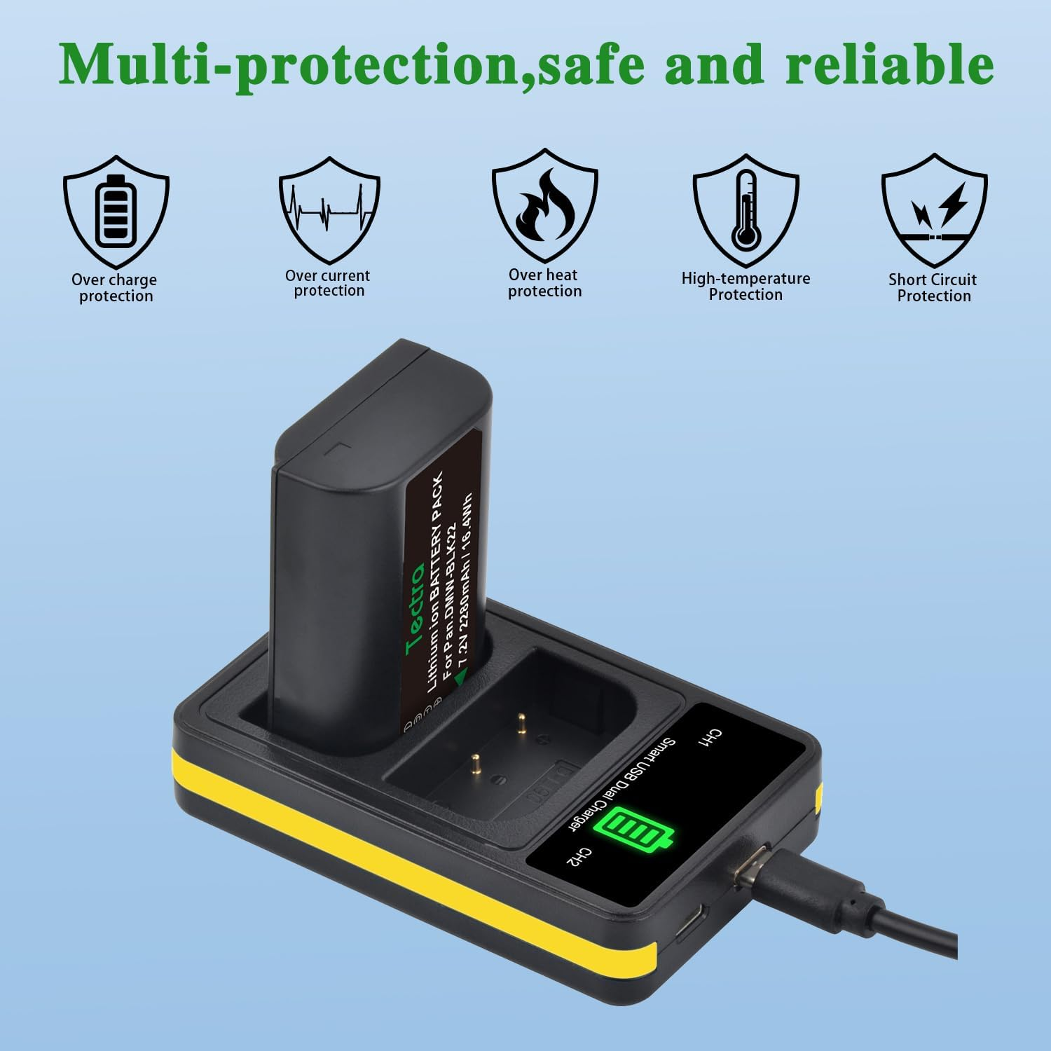 Tectra 2 Pack DMW-BLK22 Battery and LED Dual Charger for Panasonic Lumix S5II, S5, S5IIX, GH6, GH5 II, S5M2, S5M2X, GH5M2, DC-G9II, DC-S5-II Cameras,