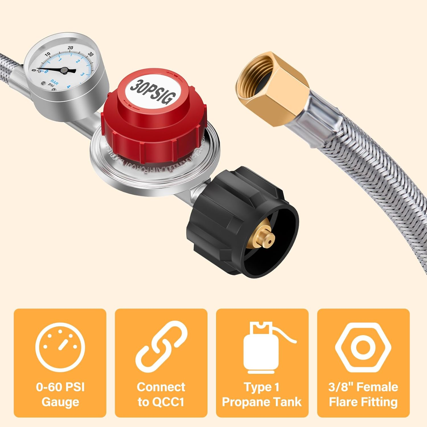 WADEO High Pressure Cast-Iron round Burner Head, Propane Burner Head with 30 PSI Adjustable High Pressure Propane Regulator with 4FT Stainless Braided Hose and Brass Fitting for Outdoor Cooking image number 2