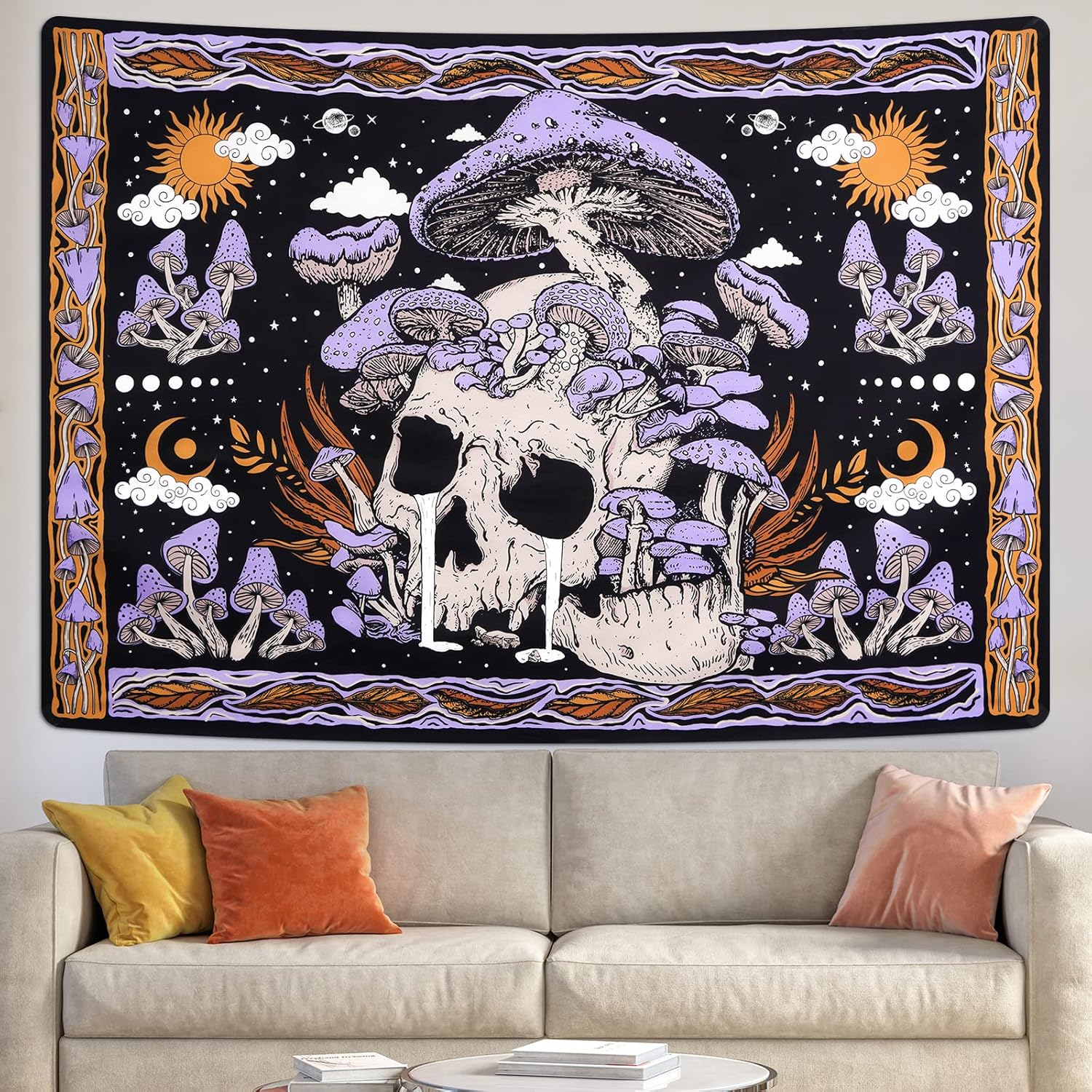 Uspring Mushroom Tapestries Skull Skeleton, Leaves, Large Purple Tapestry for Bedroom, Wall Hanging for Room (51.2 X 59.1 Inches) image number 3