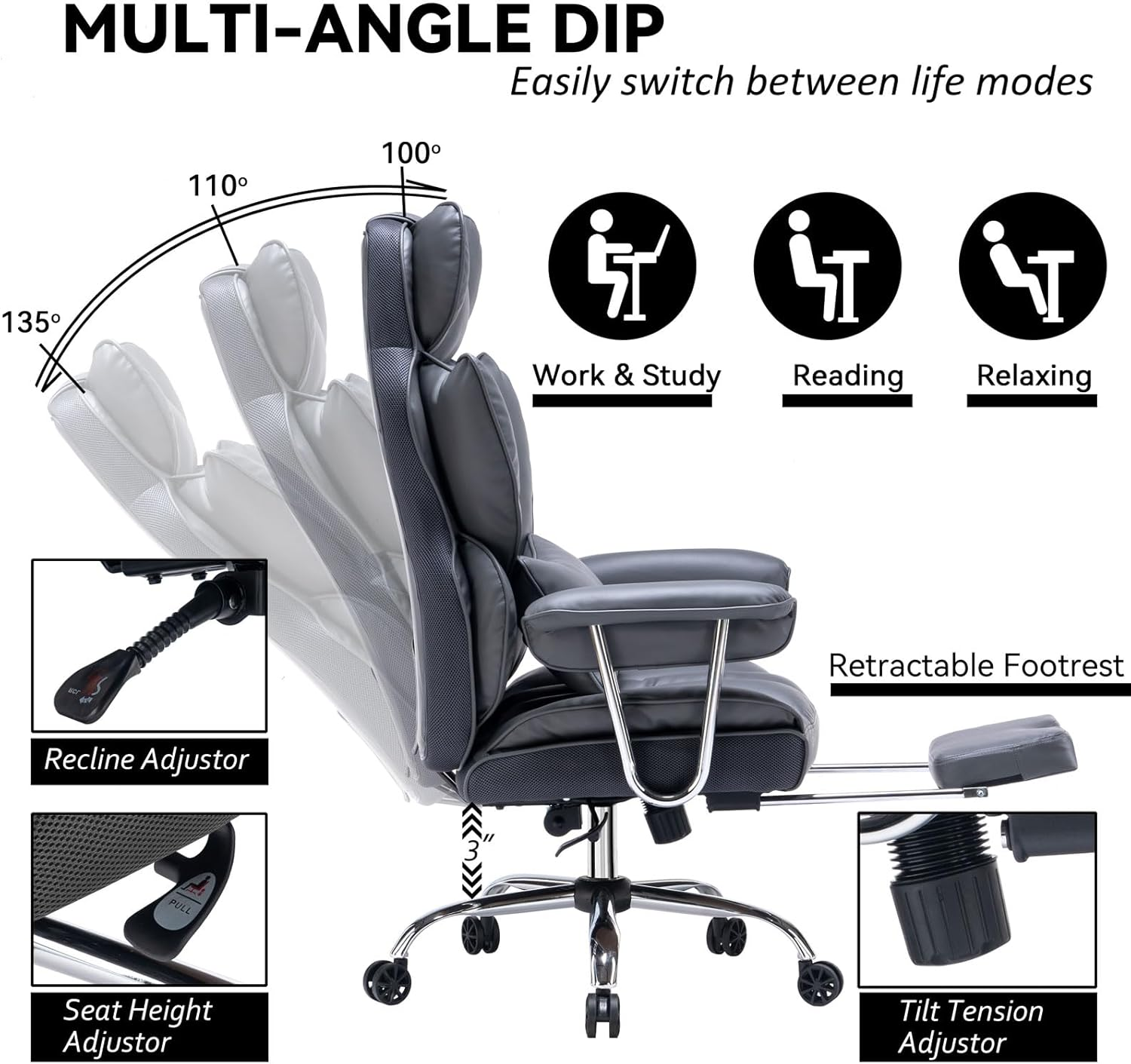 Efomao Desk Office Chair 400Lbs,Big and Tall PU Leather Computer Chair,Executive Office Chair with Leg Rest and Lumbar Support (Dark Grey) image number 3
