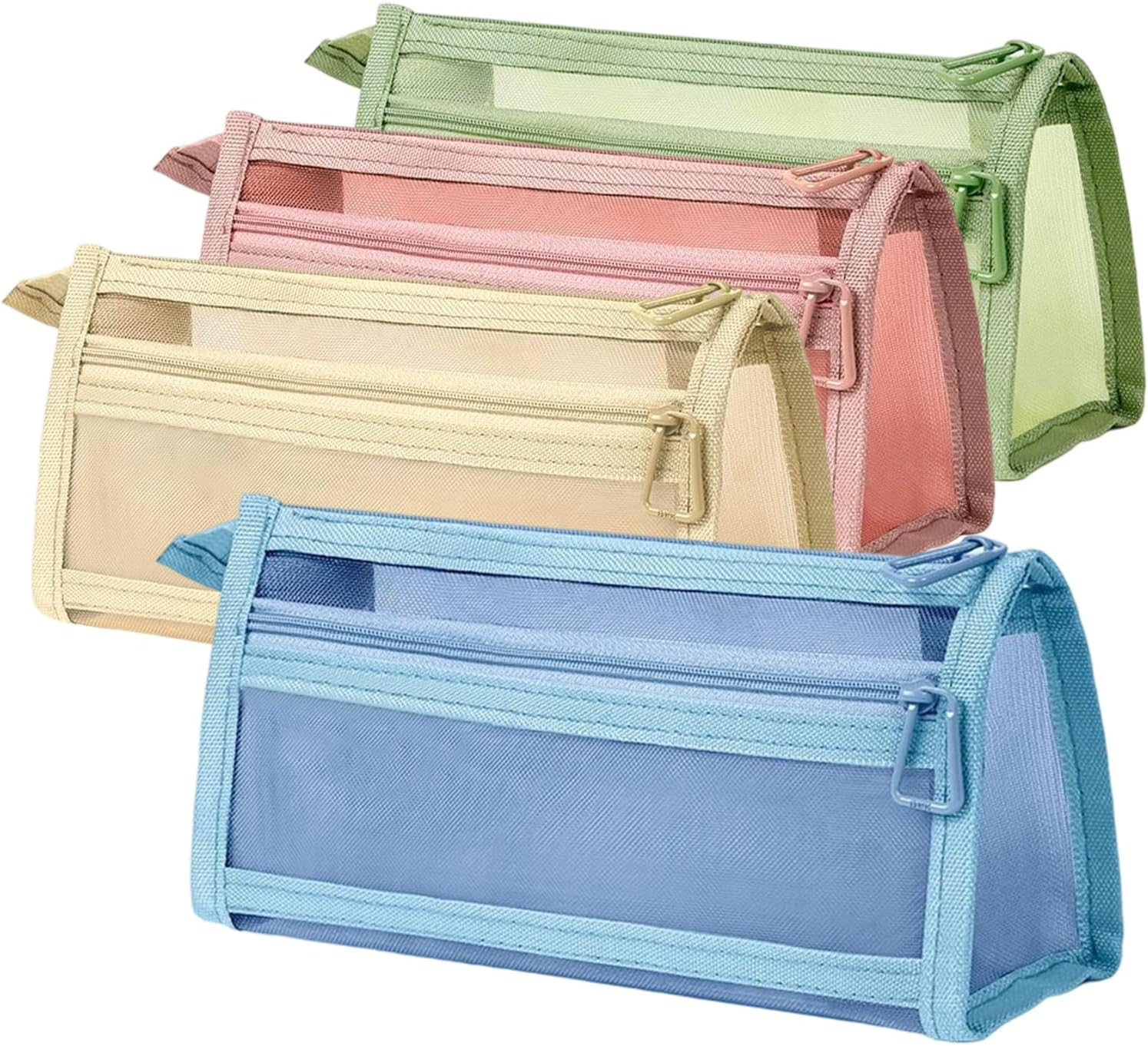 4 Pcs Pencil Case, Portable Clear Zipper Mesh Pouch for Makeup, Travel, Stationery Storage, Assorted Colors image number 2