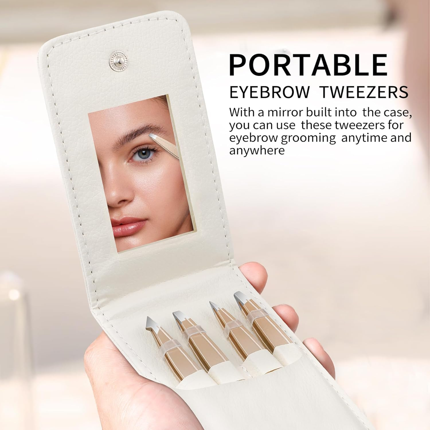 Tweezers Set for Women Facial Hair: 4Pcs Stainless Steel Eyebrow Tweezer Set with Travel Mirror Case, Suitable for Everyday Use in Car, Purse