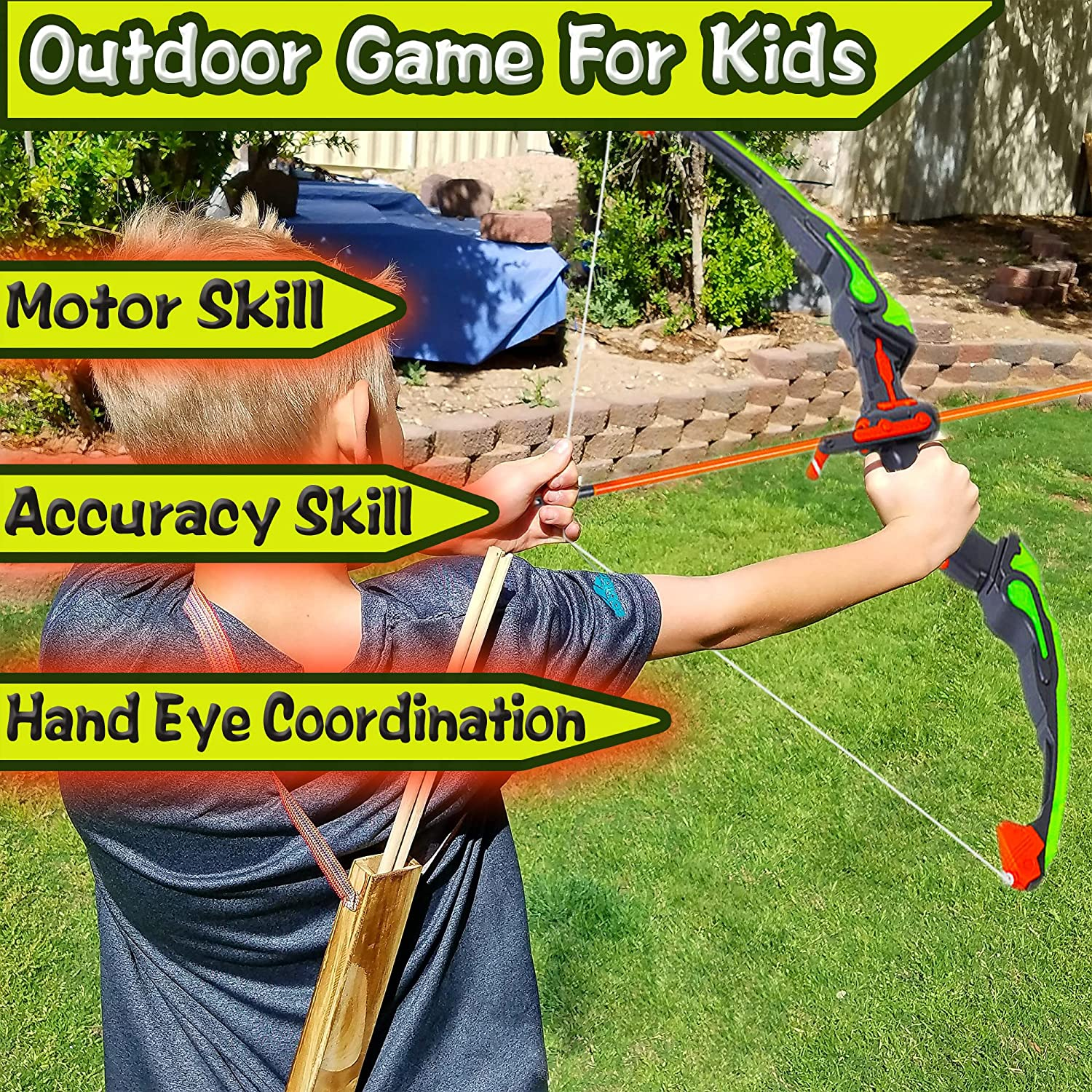 Dr.Kbder Bow and Arrow for Kids 8-12, Boys Toys Outdoor Sport Game, Green Light up Archery Toy Set with 5 Suction Cup Arrows, Target & Quiver, Ideal Christmas Birthday Gifts for Kids