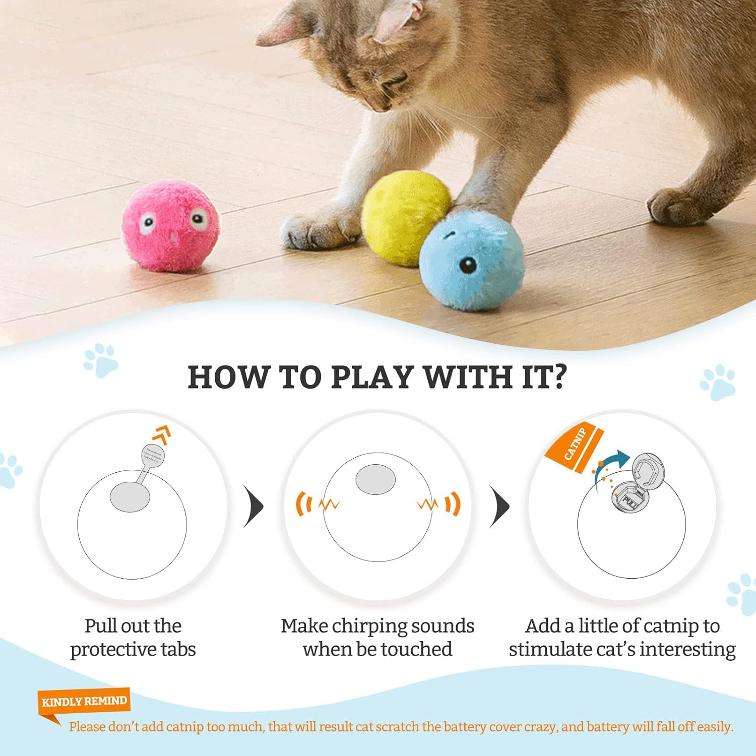 Namsan Cat Ball Interactive Cat Toy with Chirping Pack of 3 Plush Cat Play Ball for Cats image number 1