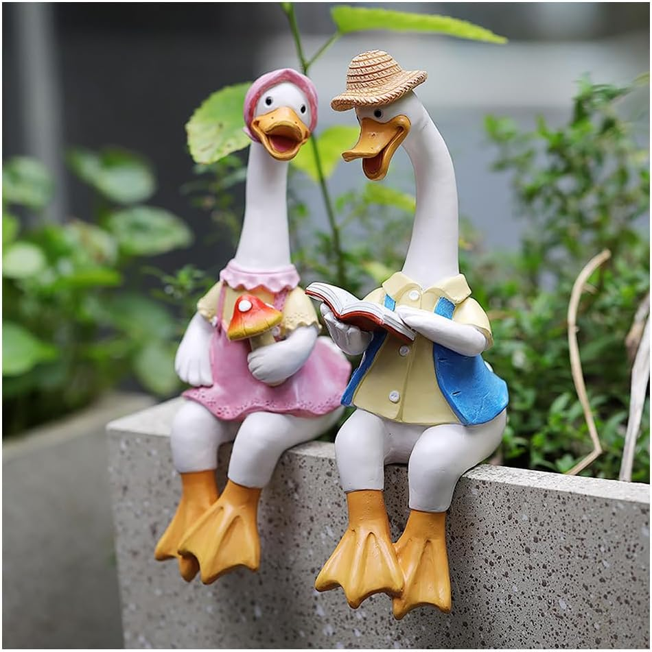 2 Pcs Sitting Couple Duck Garden Statues, Outdoor Statues Standing Duck Garden Animal Sculpture, for Home Office Patio Lawn Yard Ornaments (2PCS) image number 5
