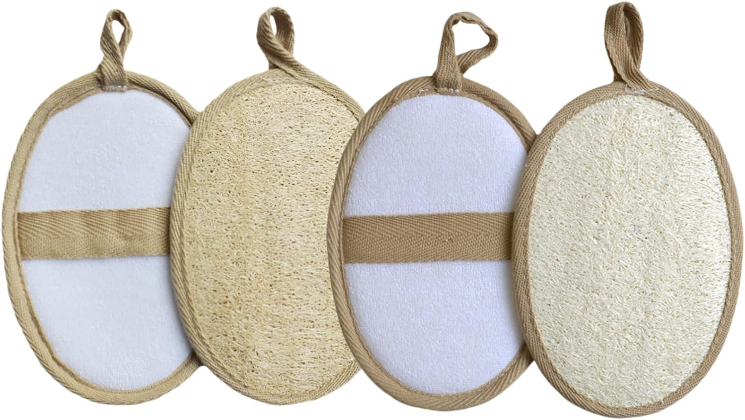 4 Pack Natural Loofah Body Scrubbers, White & Brown Exfoliating Shower Sponge Set for Men & Women, Eco-Friendly Biodegradable Loofa Bath Exfoliator, Gentle yet Effective Body Scrub image number 1