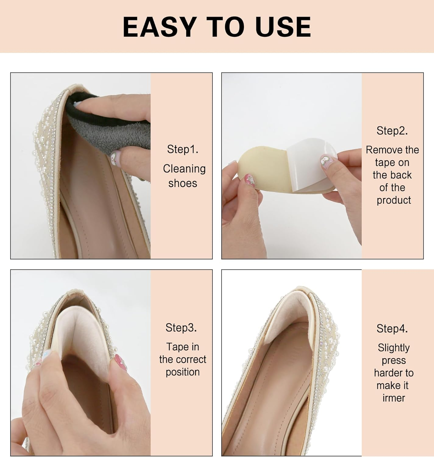 YBVABE Heel Grips Liner Cushions Inserts for Shoes Too Big - 8 Pieces Large Heel Pads Snugs for Sports Shoes Too Big, Improved Fit and Comfort Filler for Men & Women, Stop Heel Slip and Blister - Beige image number 3