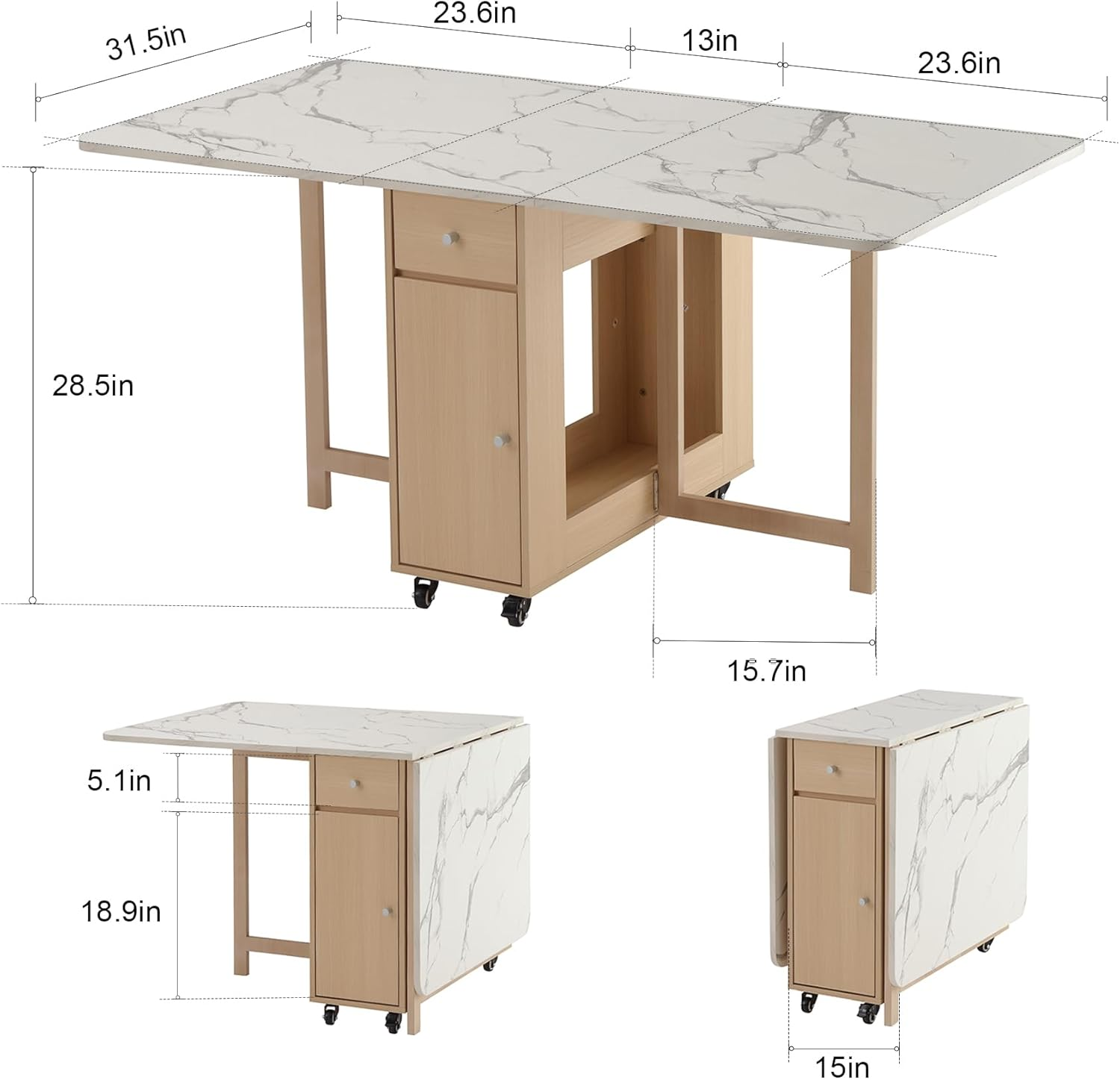 Foldable Dining Table, Space Saving Dining Table Extendable, Folding Dining Table with Storage and Wheels 2-Layers, Versatile Drop Leaf Table Modern for Living Room, Kitchen, RV Campers (Marble Wood) - Grey image number 2