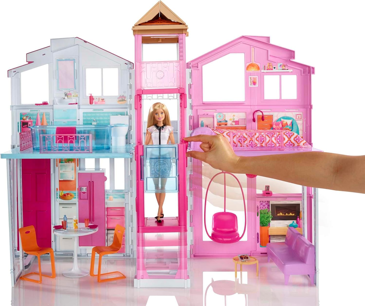 Barbie Doll House Playset, 3-Story Townhouse with 4 Rooms & Rooftop Lounge, Furniture & Accessories Including Swinging Chair (Amazon Exclusive) image number 1
