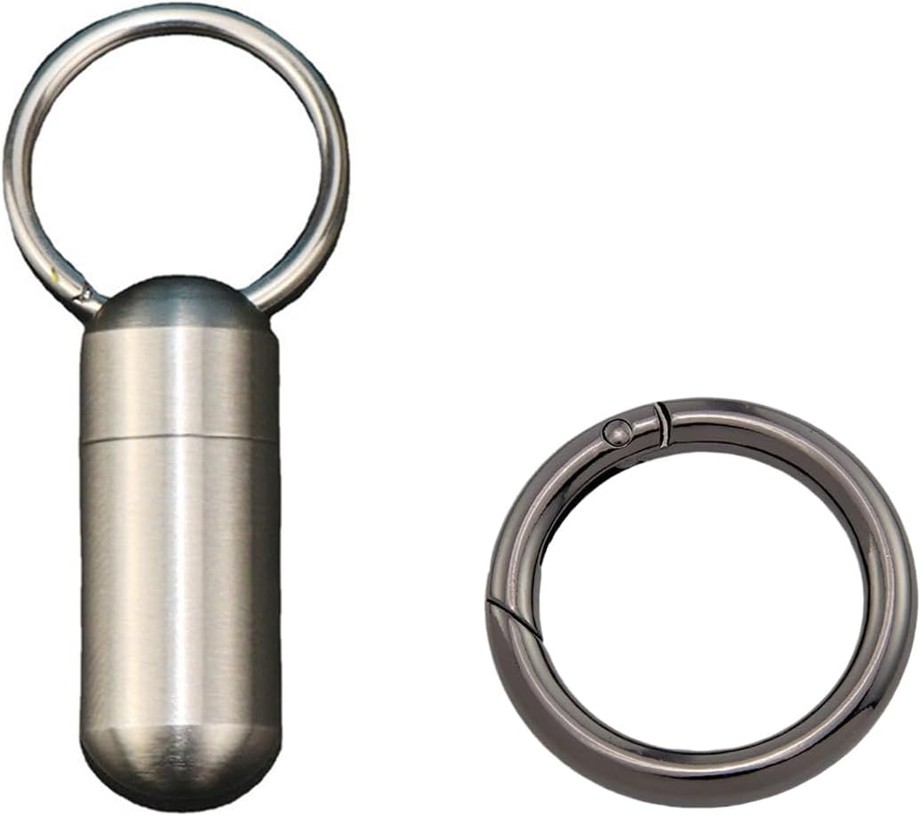 Keychain Pill Box Organiser, Waterproof Pill Holder with Multi-Compartments, Portable Pill Container for Travel Pocket Purse, Small EDC Pill Case with Carabiner Clip for Outdoor/Daily/Emergency (Stainless Steel with Carabiner Clip)