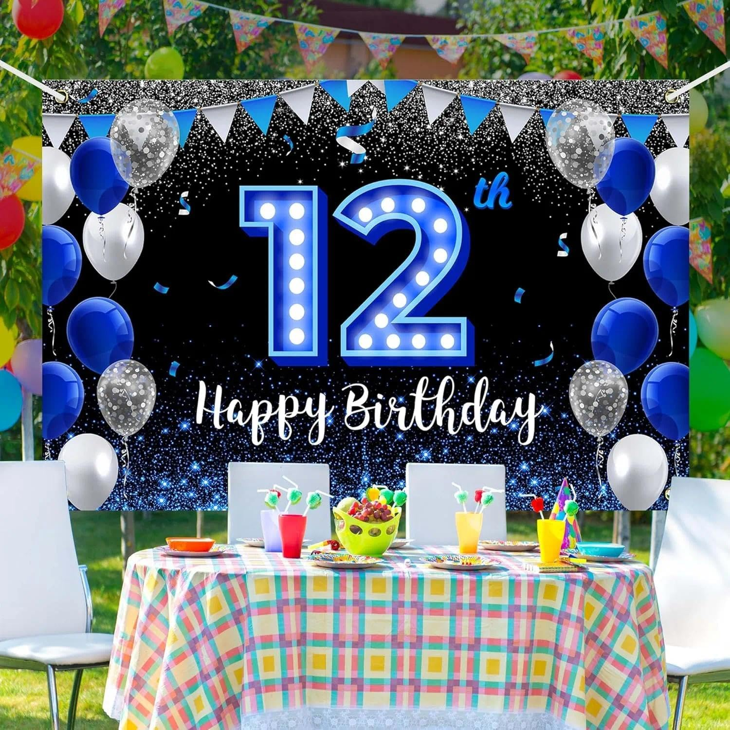 Happy 12Th Birthday Banner for Boys with Blue Neon Light Numbers, Large Party Backdrop Decor for Photo Booth and Wall, Reusable and Easy to Hang - Auroly image number 4