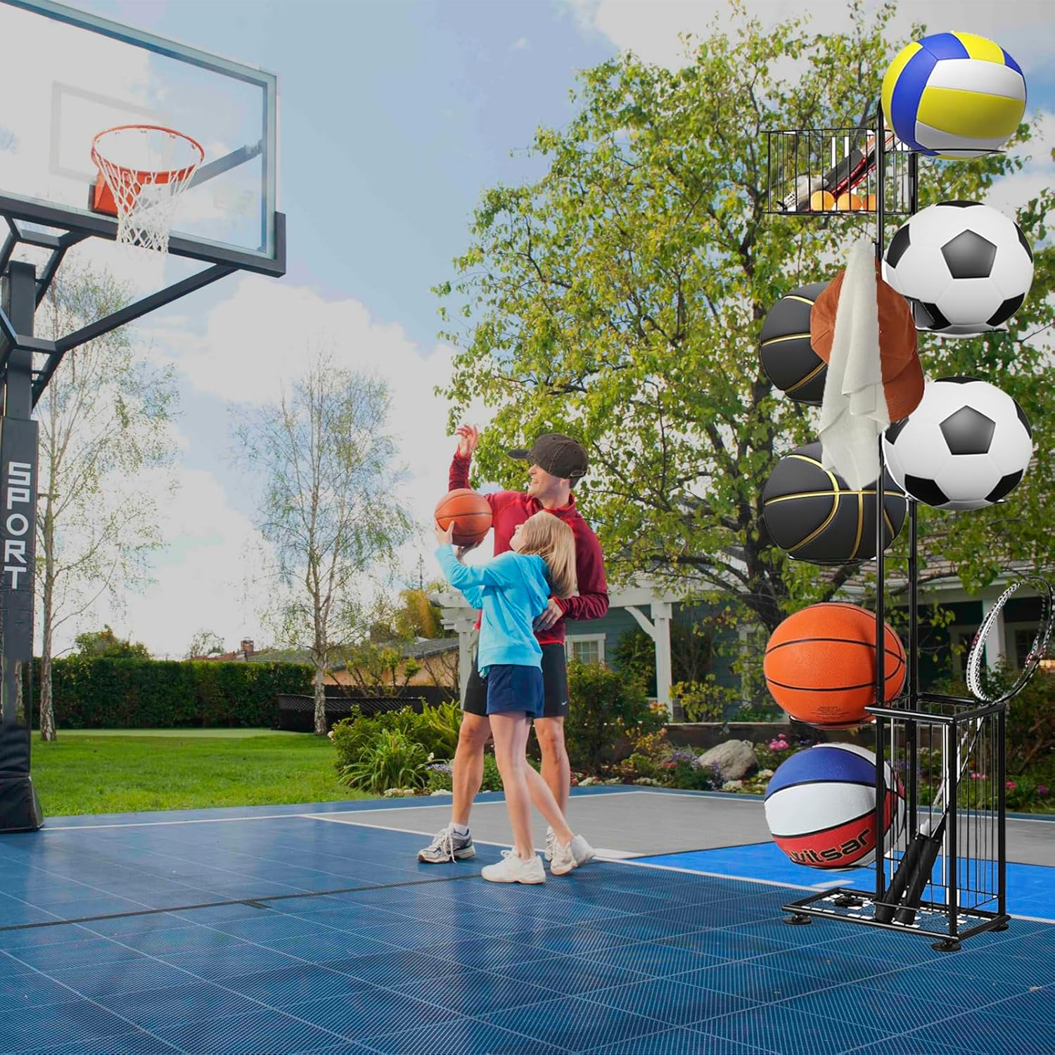 Basketball Rack,Sports Equipment Organizer,7 Tier Standing Basketball Holder Garage Ball Storage for Volleyball Football Badminton,Indoor/Outdoor Ball Storage Rack with Baskets,Side Bin and Hooks image number 2