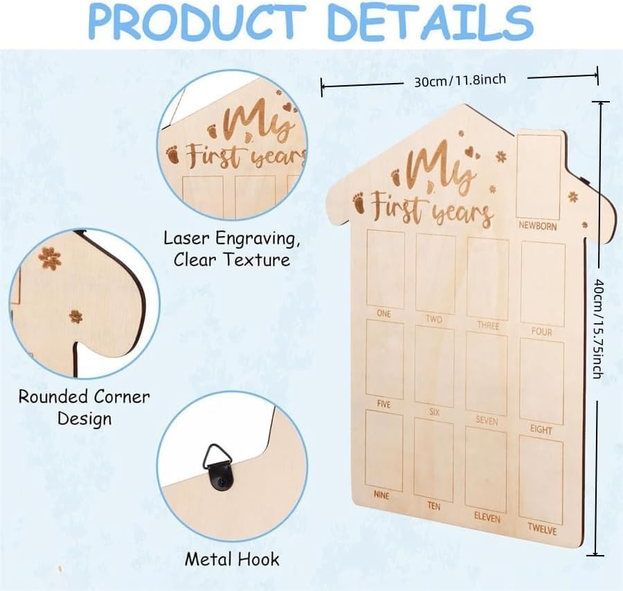 My First Year Photo Frame Board, Baby First Year Picture Frame 12 Months Milestone Display Wood Board Baby Keepsake 1St Birthday Nursery Decor 40&times;30Cm
