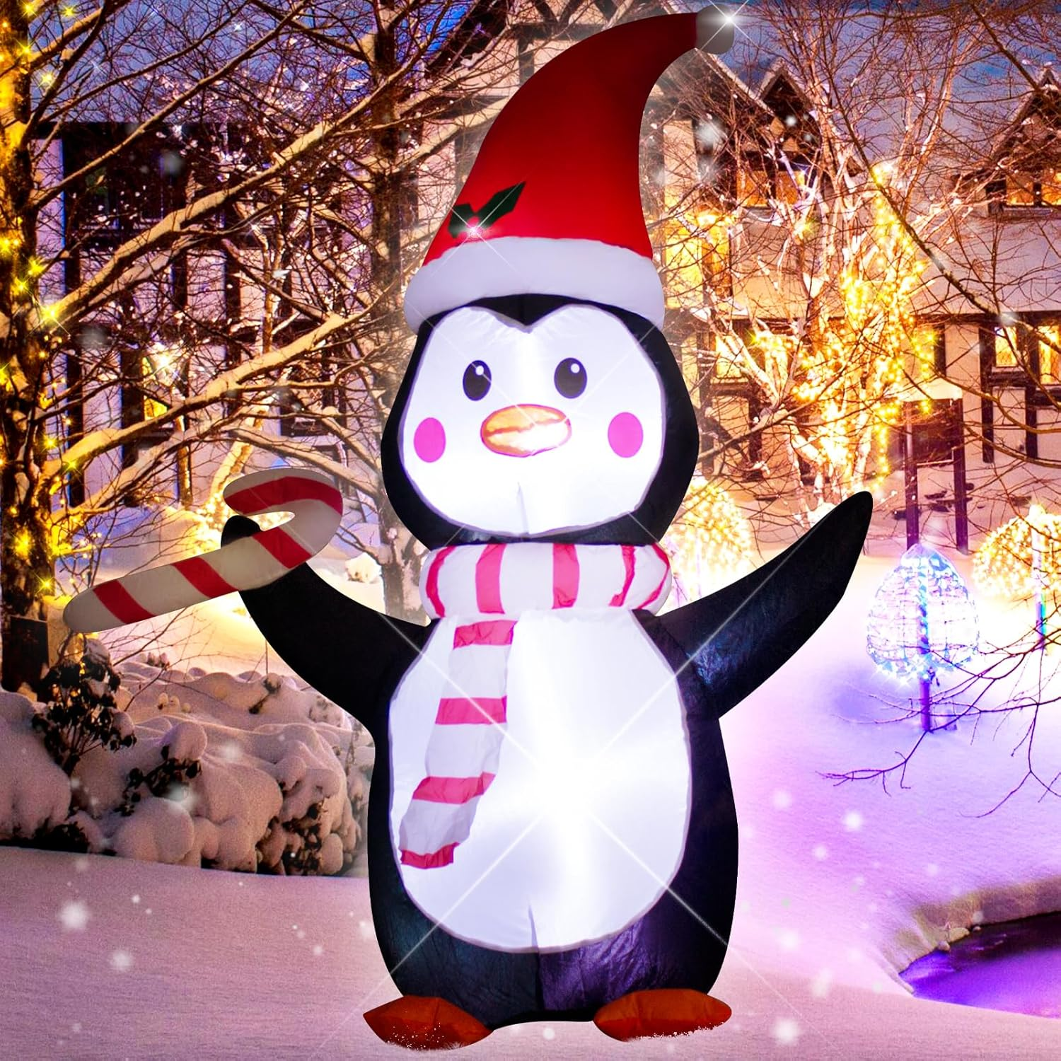 AJY 4FT Christmas Inflatable Penguin with Candy LED Lights for Xmas Blow up Indoor Outdoor Yard Lawn Decoration, Cute Fun Holiday/Christmas/Party/Yard/Garden Fantasy Party Display image number 2