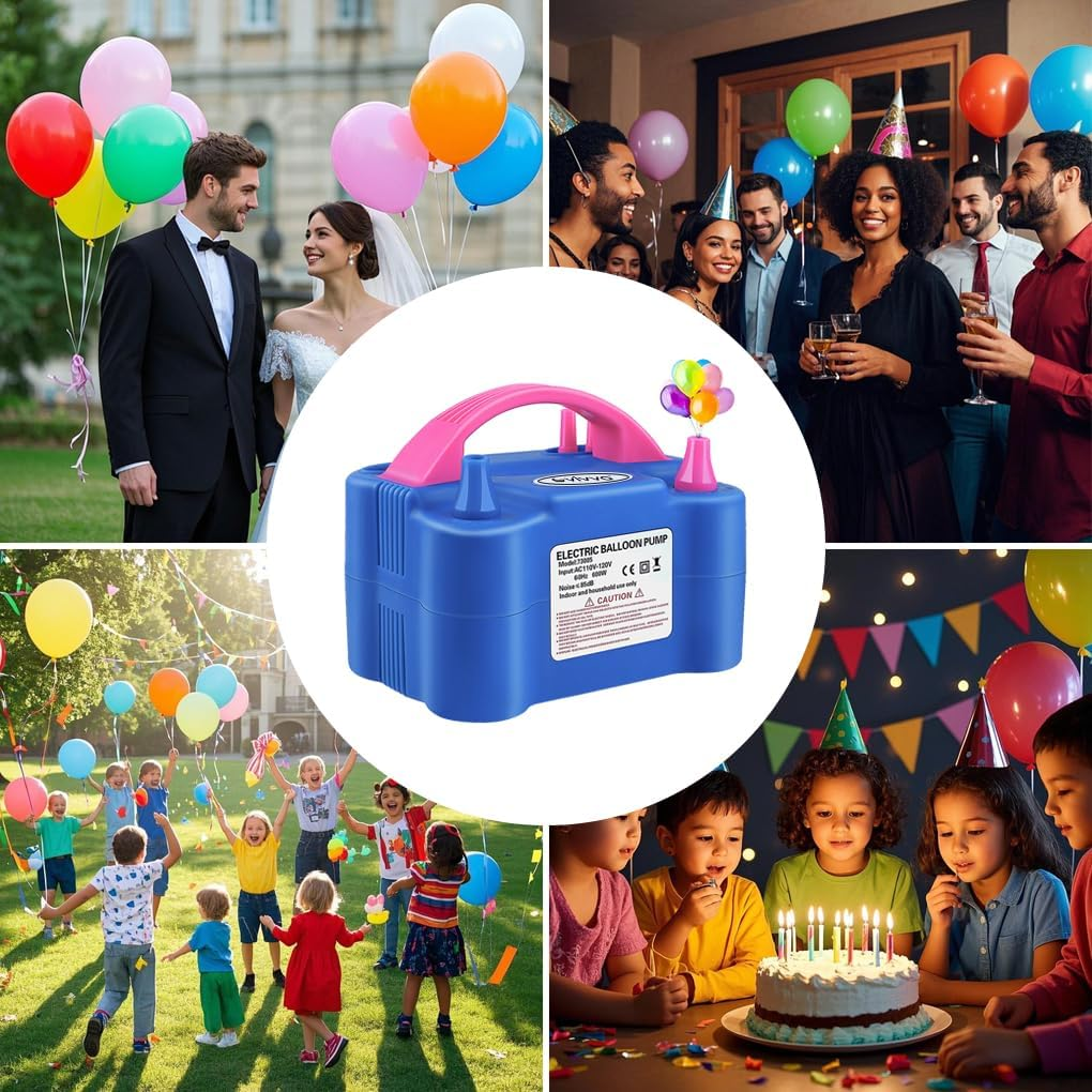 Vivva Balloon Pump Electric,600W Balloon Blower Inflator Dual Nozzle Air Pump with 2 Balloon Tying Tools,Balloons Inflator for Party Decoration (Blue) image number 2