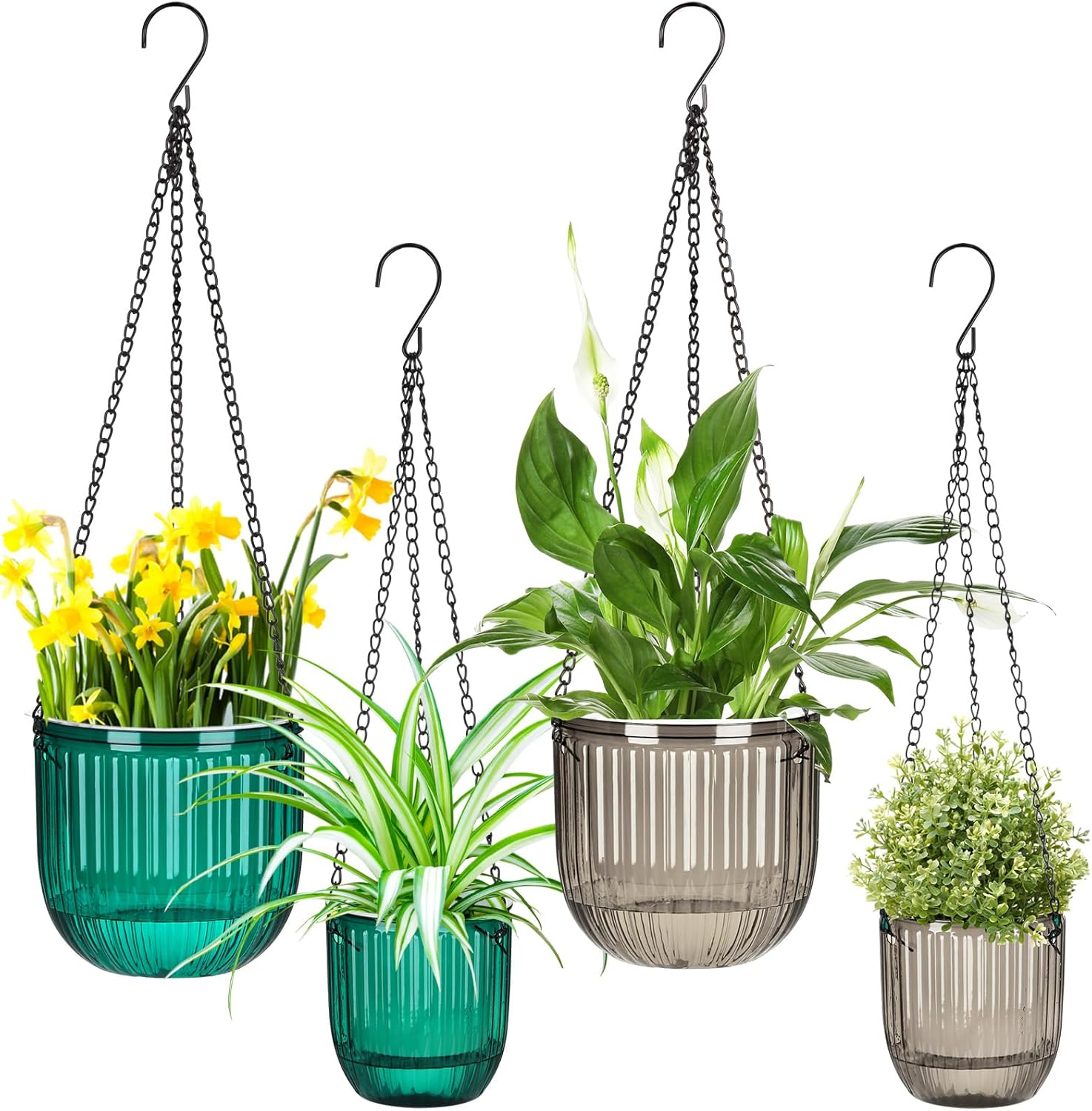 Maxcheck 4 Pcs Self Watering Hanging Planters Indoor Gift 6.5'' 4.5'' Hanging Flower Pots Baskets Outdoor Self Watering Plant with 3Hooks Drainage Holes for Home(Emerald,Grey)