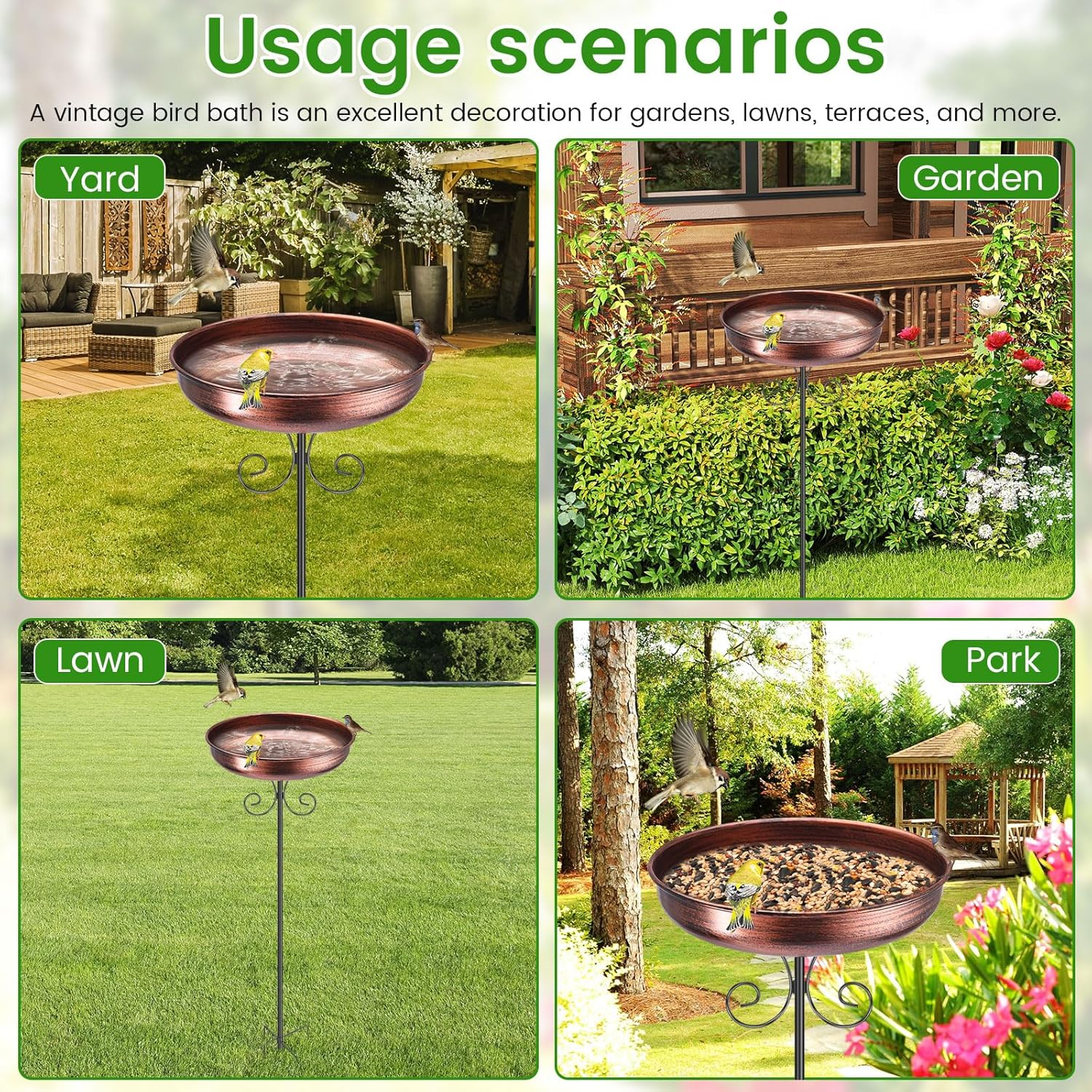 Metal Outdoor Standing Bird Bath Enduring Bird Bath Feeder Bowl Decorative Freestanding Birdbath for Garden Outdoor.(30Cm) image number 3