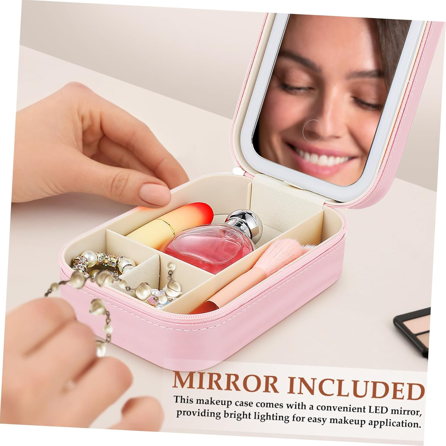 BATHVEVE Lighted Makeup Mirror Cosmetic Organizer Bag with Adjustable Brightness, Small Travel Vanity Case with Led Mirror for Women image number 5