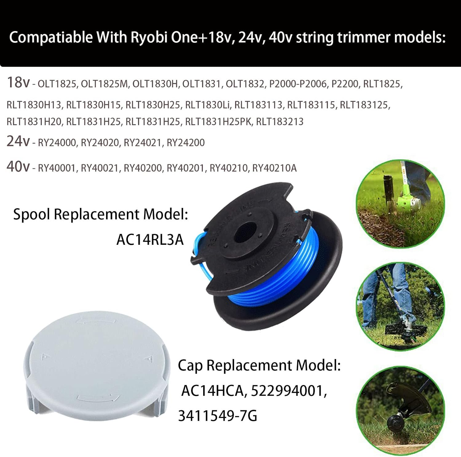 AC14RL3A String Trimmer Spool Replacement for Ryobi One+ AC14RL3A 18V, 24V and 40V Cordless Trimmers, 11Ft 0.065" Auto Feed Cordless Weed Eater Spools Line with 522994001 Cap (12 Spools + 2 Caps) image number 6