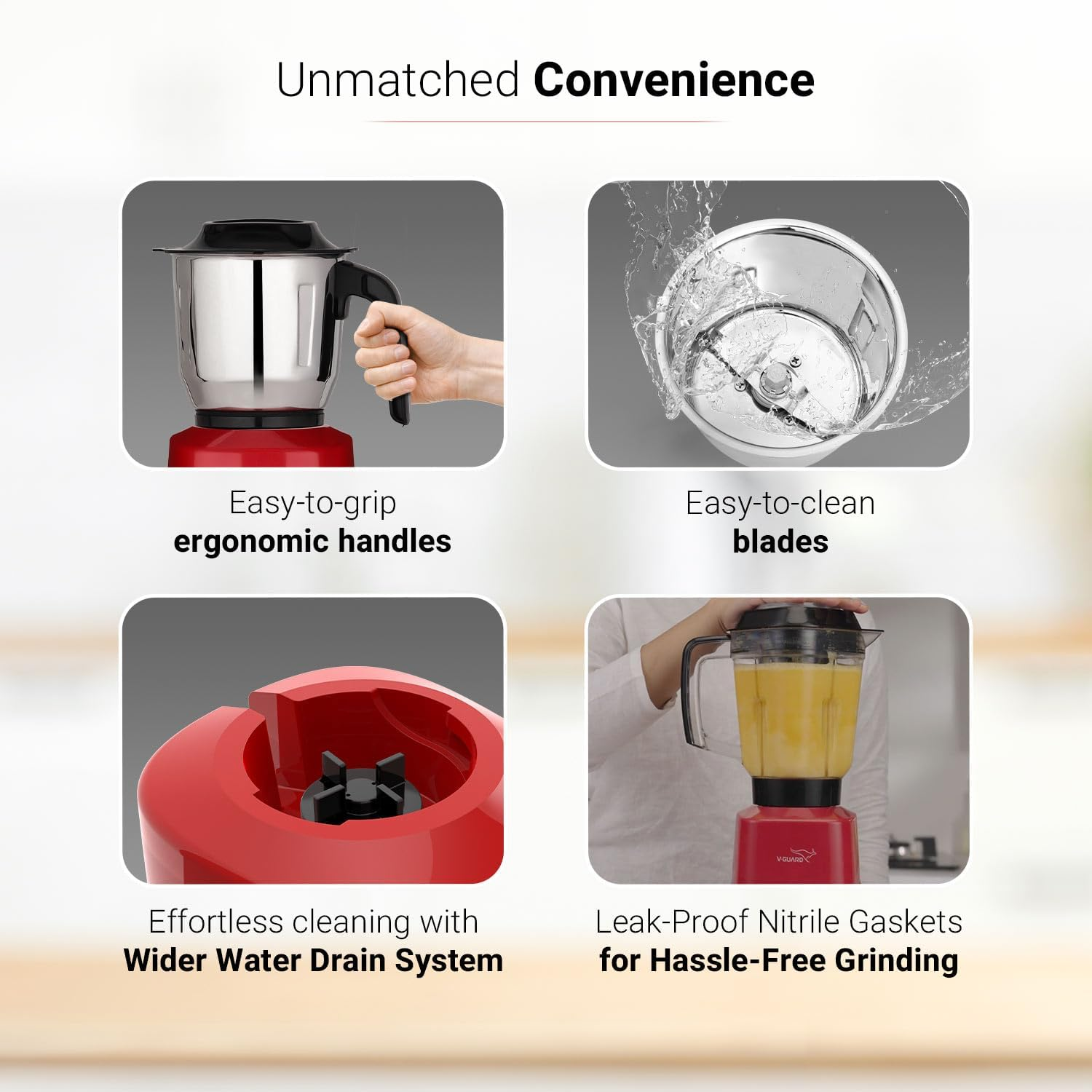 V-Guard Brillio 750 Watt Juicer Mixer Grinder, 3 Year Motor Coverage by V-Guard, 4 Jars(Chutney, Dry, Wet & Juicer), Sturdy Juicer Jar with Quadraflow Design, Precisionblend SS Blades | Mars Red image number 6