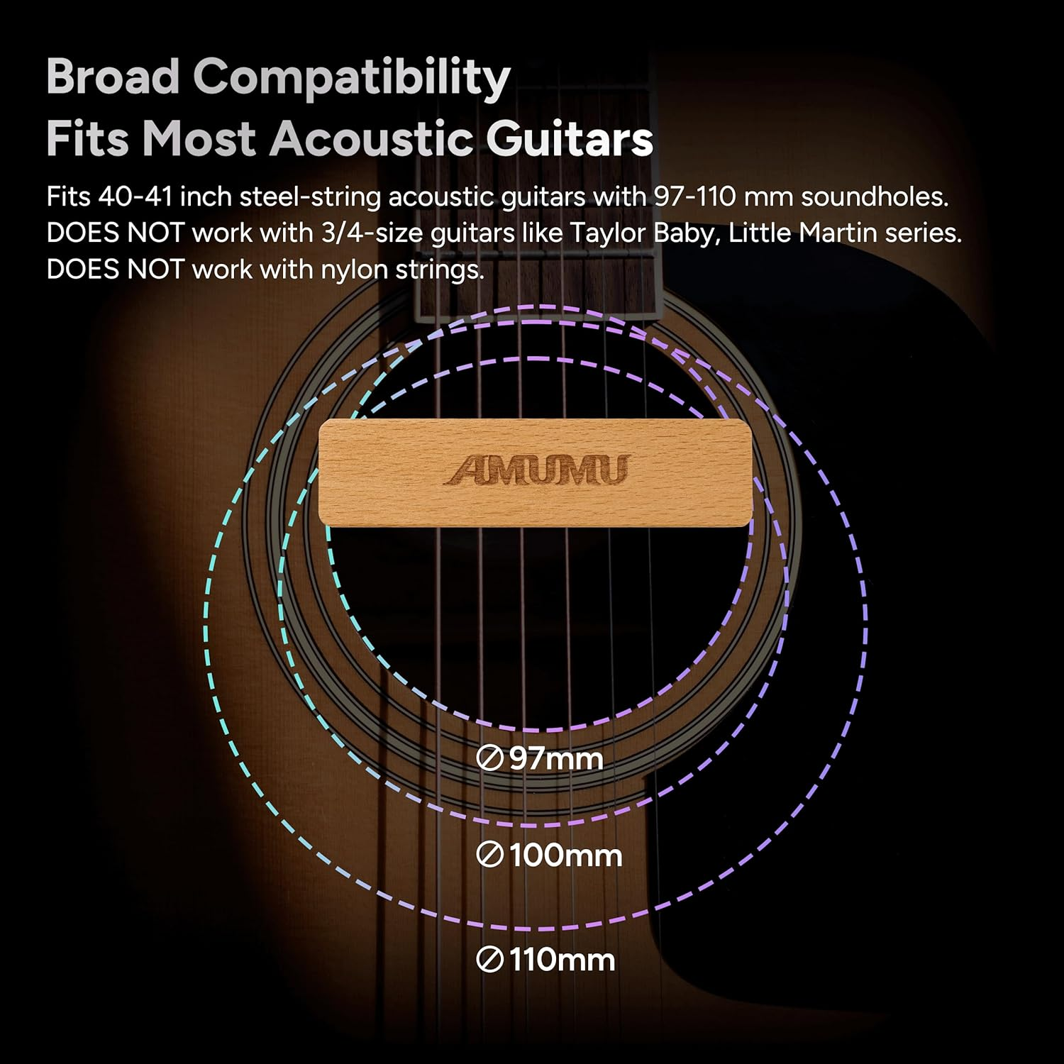 Amumu NEO-SP31 Passive Neodymium Magnetic Soundhole Pickup with 1/4 Bronze Strap Jack for 3.82In to 4.33In Soundhole Steel String Acoustic Guitar - Bountiful image number 5