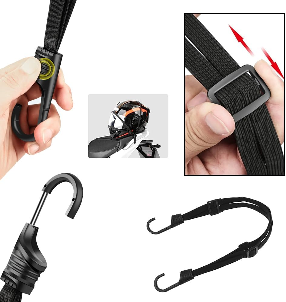 2 Pcs Universal Motorcycle Helmet Luggage Rope 60Cm Motorcycle Bungee Cord Bandage Retractable Elastic Strap with 2 Hooks (Black) image number 3