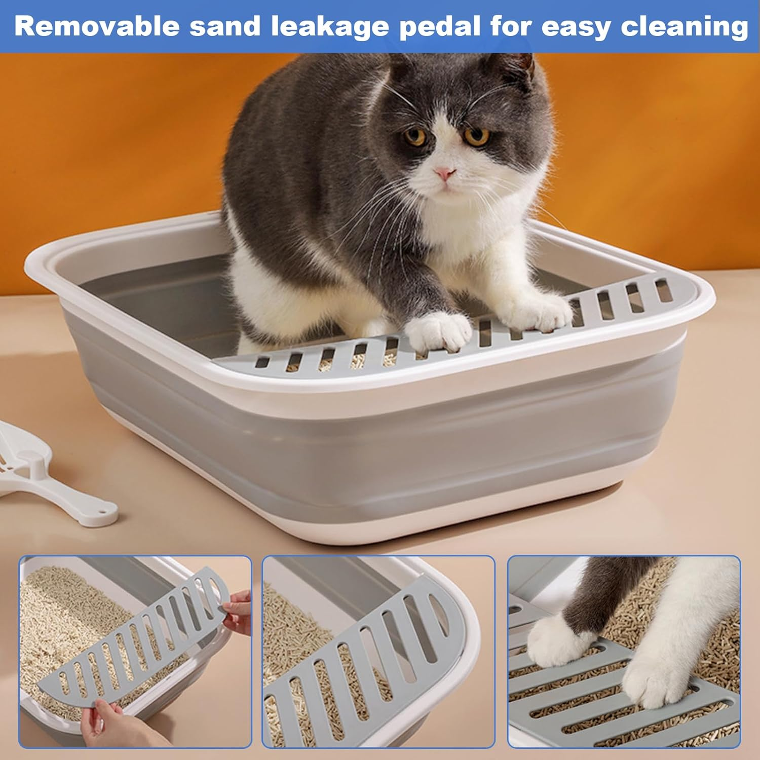 Flat Cat Litter Tray, Foldable Cat Litter Tray with Shovel, 45 X 34 X 12.5 Cm, Cat Litter Tray Low with Rim, Cats, Travel Toilet, Cat Litter Tray Flat, Foldable Flat Cat Litter Tray (Grey) image number 2