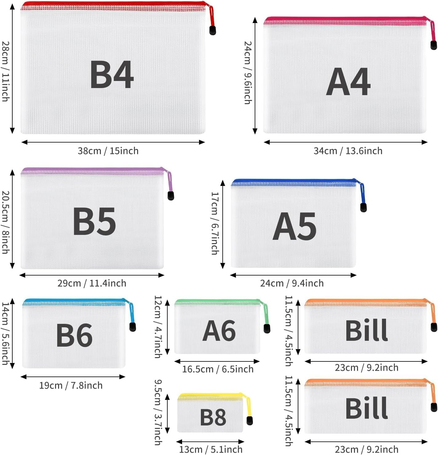 EOOUT 30Pcs Mesh Zipper Pouch, Waterproof Zipper Bags, 8 Sizes Waterproof Plastic Document Pouch, 8 Colors, Multipurpose for Travel Storage, Office Appliances and Home Organize image number 6