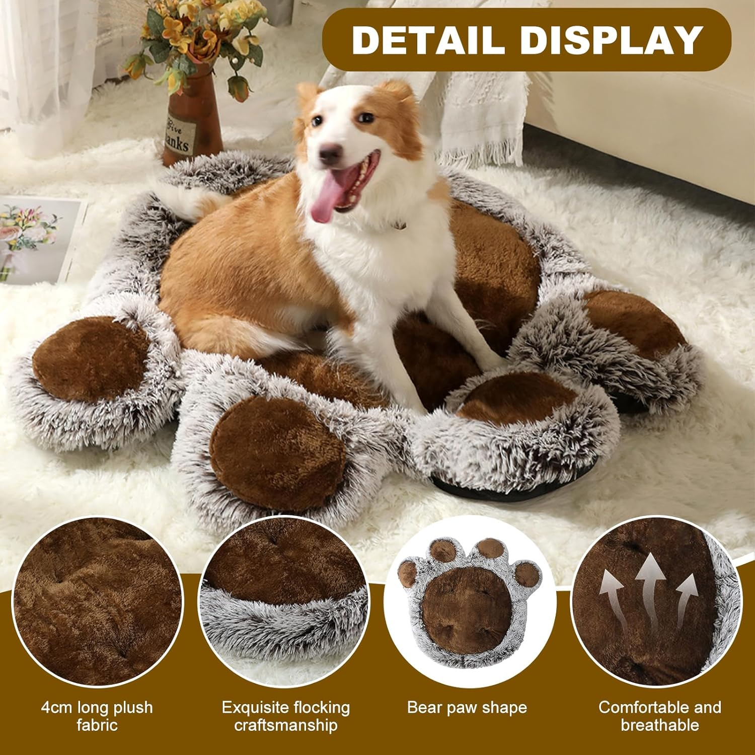 Plush Paw-Shaped Pet Bed, Brown and Grey, Soft Faux Fur Cushion for Dogs and Cats 60 * 70Cm(M) image number 2