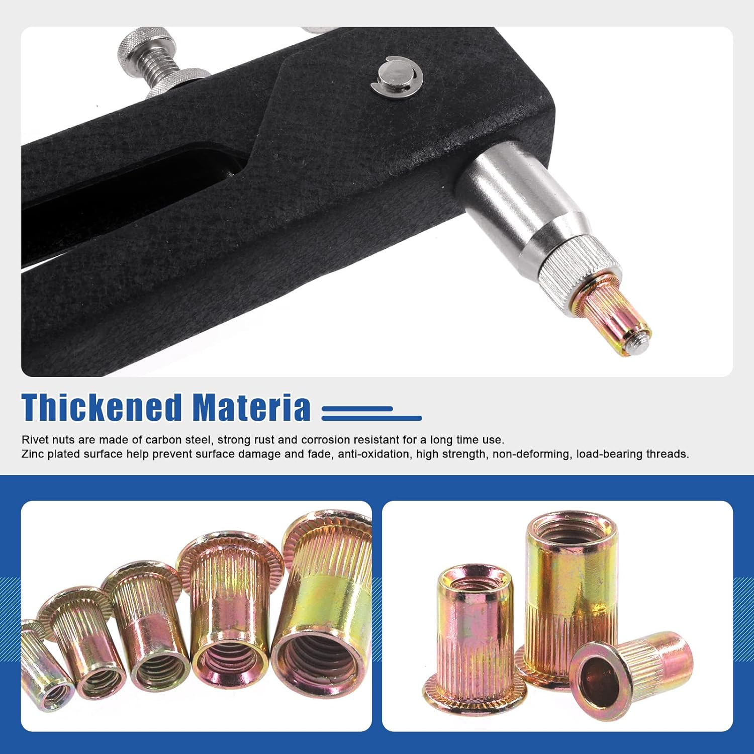 Glarks 156Pcs Rivet Nut Tool with Mandrel and Rivet Nut Kit, Threaded Insert Hand Riveter Nutsert Tool Rivet Gun with 5Pcs Metric Mandrels and 150Pcs Blind Rivet Nuts M3 M4 M5 M6 M8 image number 4