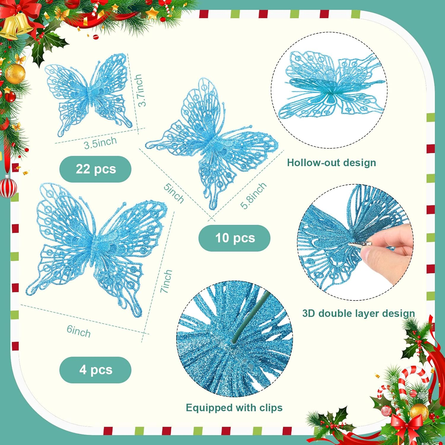 Charniol 36 Pcs 3 Size Christmas Tree Butterfly Decorations Glitter Hollow Butterfly Ornaments Hanging Decorations with Clips for Holiday Crafts Christmas Tree (Blue) image number 1