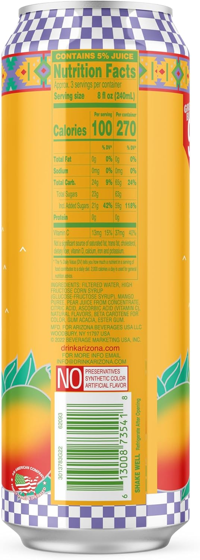 Arizona Beveridge Mucho Mango Fruit Juice, 24 X 680 Ml, Mango image number 2