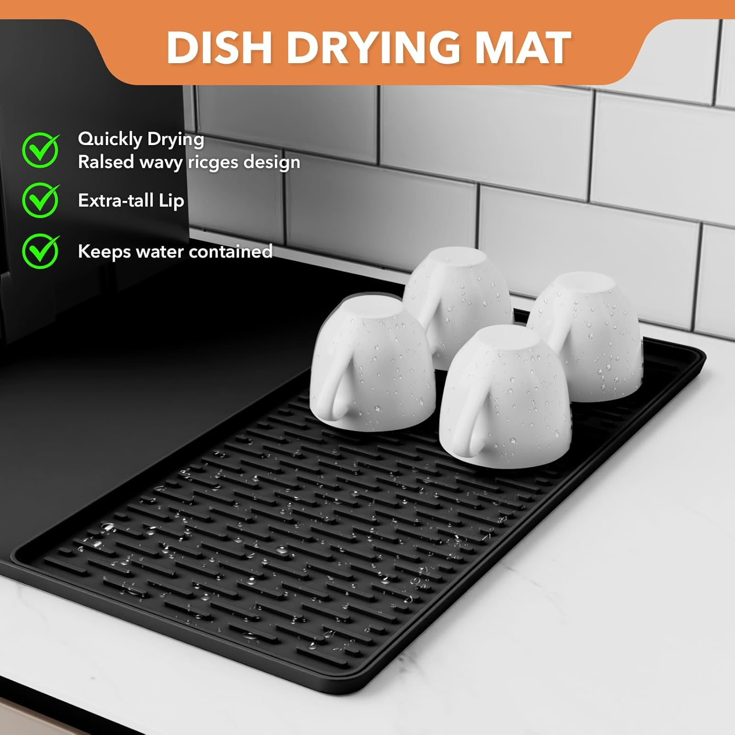 Silicone Coffee Mat with Detachable Dish Drying Mat for Kitchen Countertops, Coffee Bar, Accessories Fit under Coffee Maker Machine Coffee Pot Espresso Machine Dish Rack (Black, 40X60Cm) image number 2