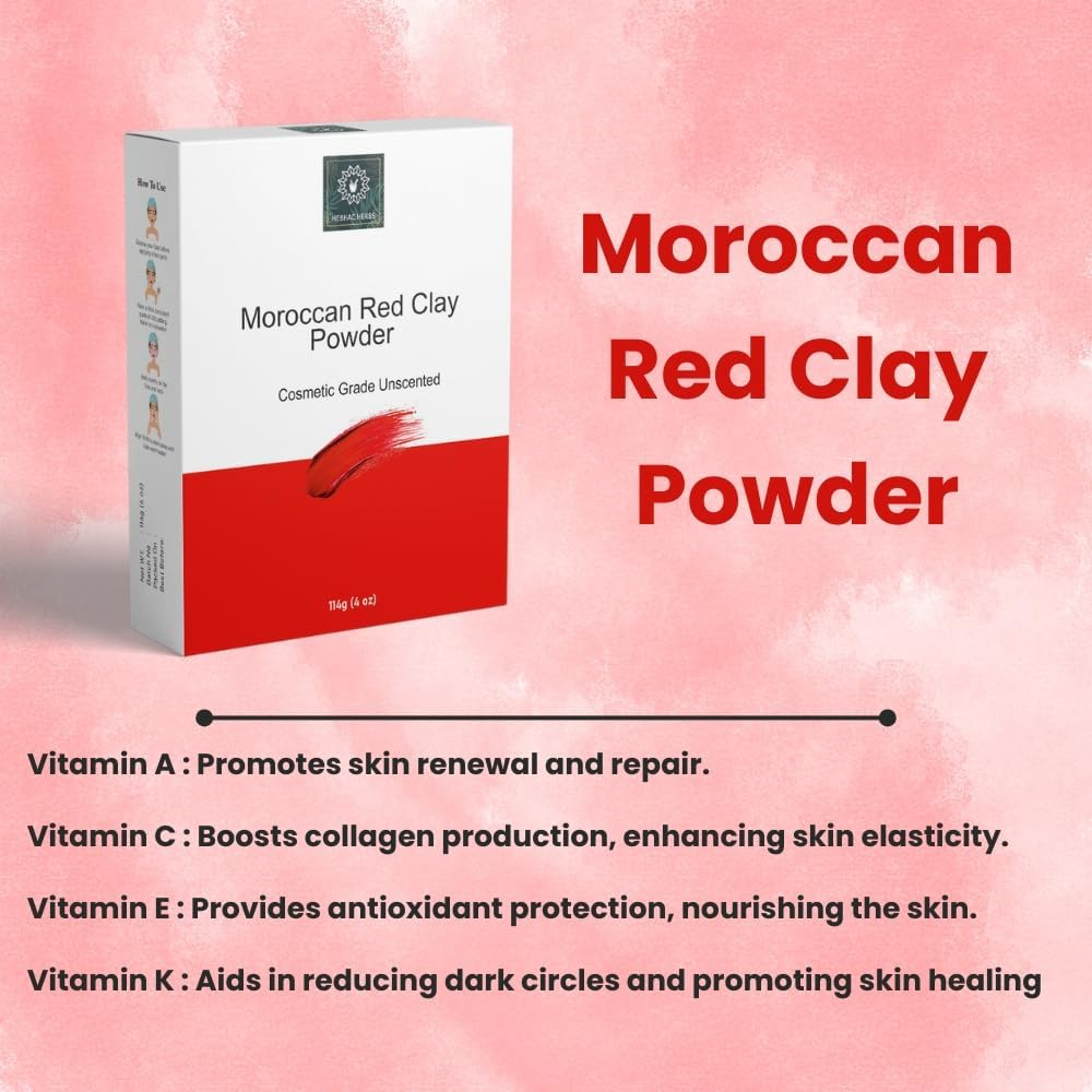Moroccan Red Clay Mask Powder - Moroccan Lava Clay for Face Masks Powder, Body Wrap, Hair Mask, Soap Making, Spa Treatment - Facial & Body Clay for Men & Women