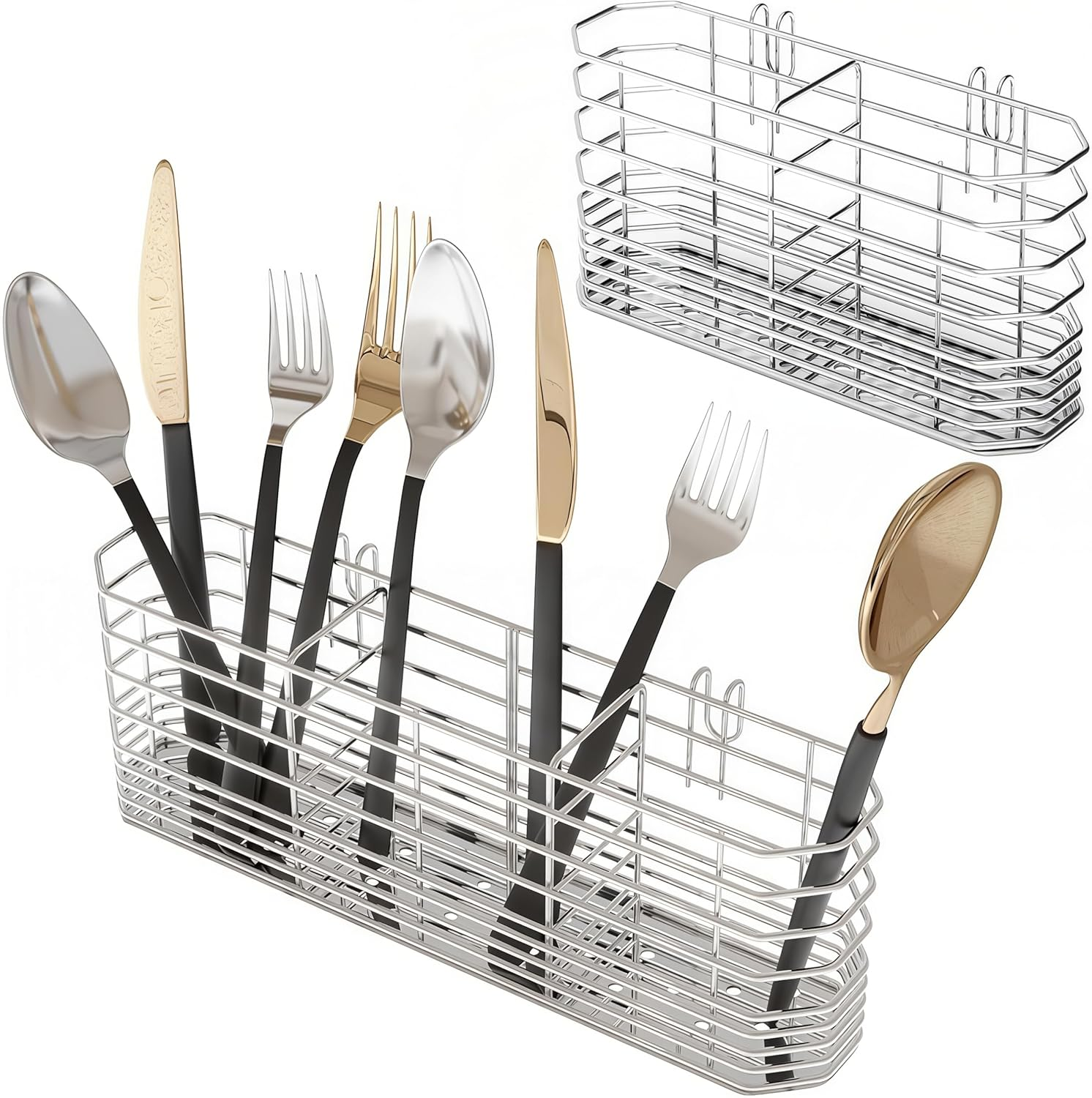 Cutlery Holder, Silverware Organizer and Drying Rack Stainless Steel Cutlery Rack with Hook Drying Rack, 3 Compartments, Rust-Proof. image number 5