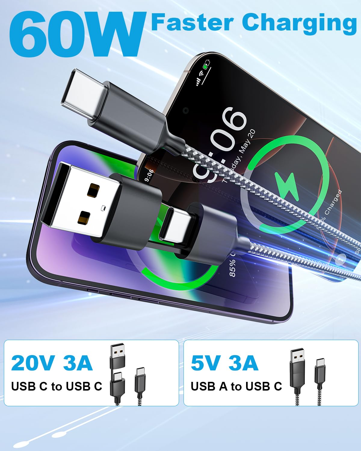 5M Long USB C Cable, 60W USB-C/A to USB-C PD Fast Charging Type C Charger Cable for Iphone 17 16/15 Series, Android, Ipad, Macbook, Pixel