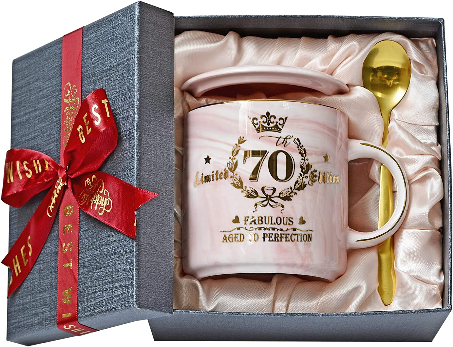 70Th Birthday Gifts for Women - 14Oz Pink Aged to Perfection Seventy Birthday Mug Printed with Gold - Happy Birthday Keepsakes Presents for 70 Years Old Grandma Mum Nanny, with Gift Box Lid Card Spoon
