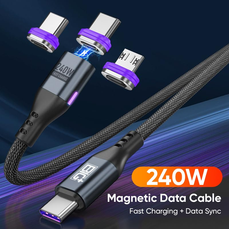 BIG+ 240W Magnetic Charging Cable 2 Pack - 1.8M/1M 180 Rotating USB C/Micro USB Charging Cable, 6-In-1 Super Fast Charging for Type C, Iproducts, Mobiles, Laptops - Magnetic Phone Charger