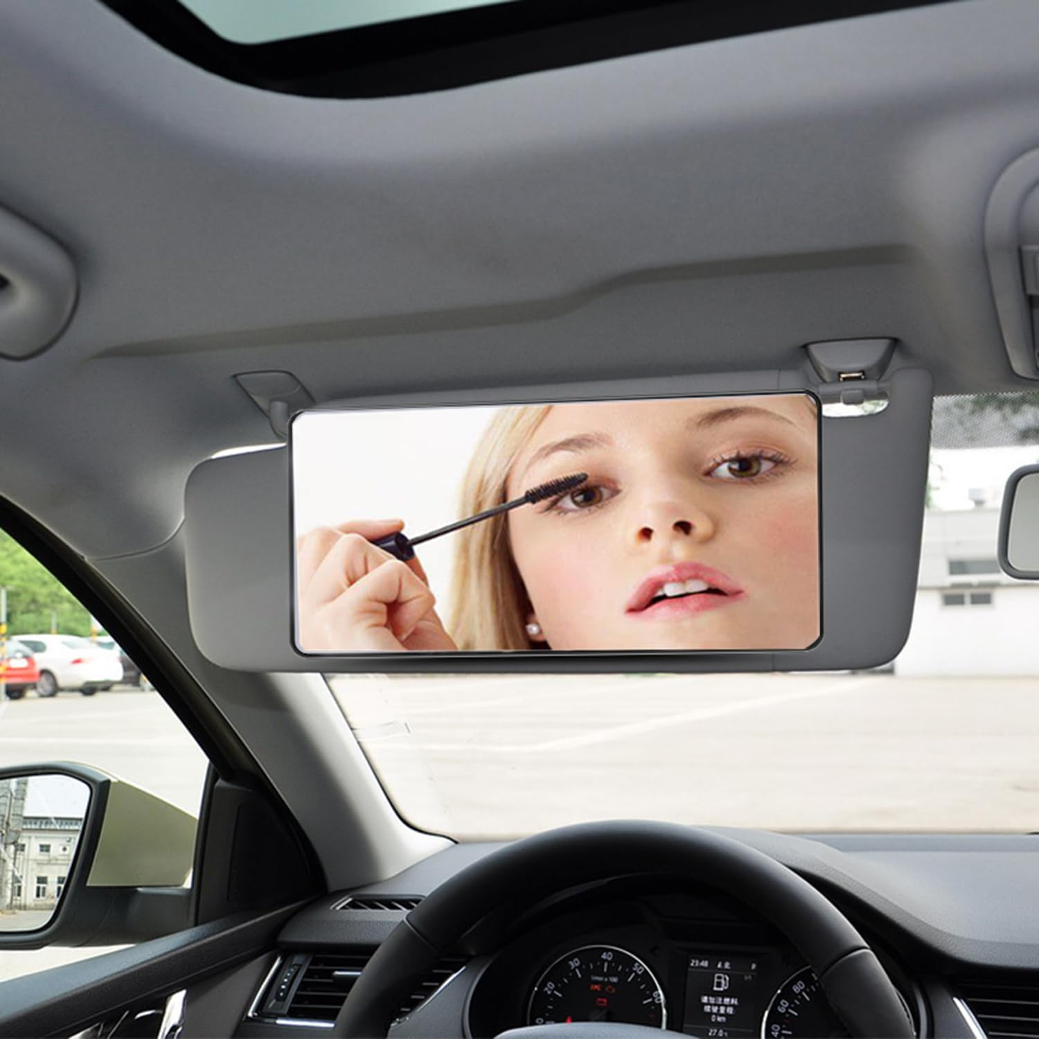 Car Mirror Visor Cosmetic Makeup Mirror, Large Vanity Sun-Shading Mirror for Car Truck SUV Rear View, with Straps (Black) image number 5