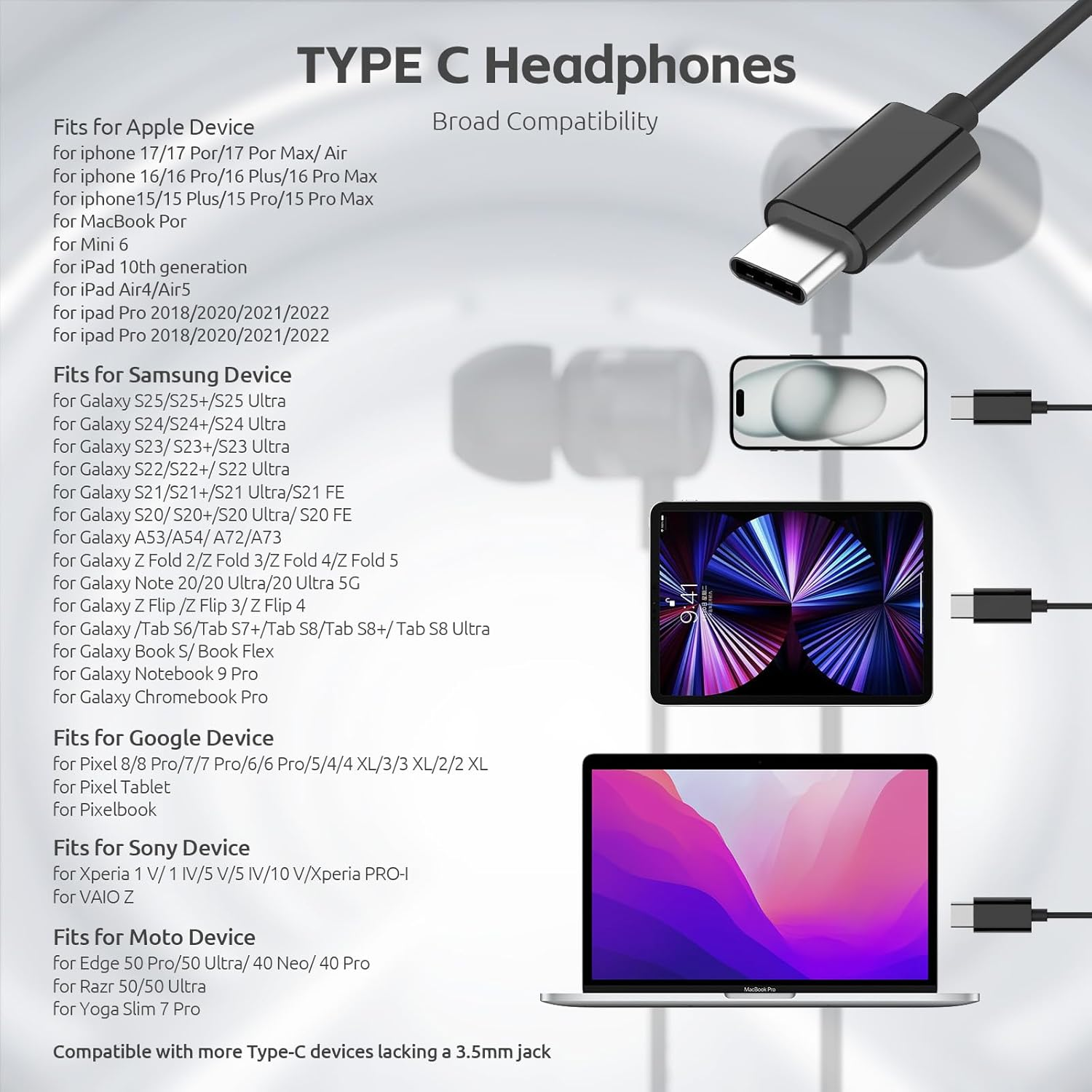 USB C Headphones for Iphone 15 16 Pro,For Samsung S20-S23 A53 A54 Type C Wired Earbuds,Built-In Microphone Hi-Fi Bass Earphones,4.9Ft Long Cord Magnetic In-Ear Ear Buds with 6 Ear Tips(Black) image number 6