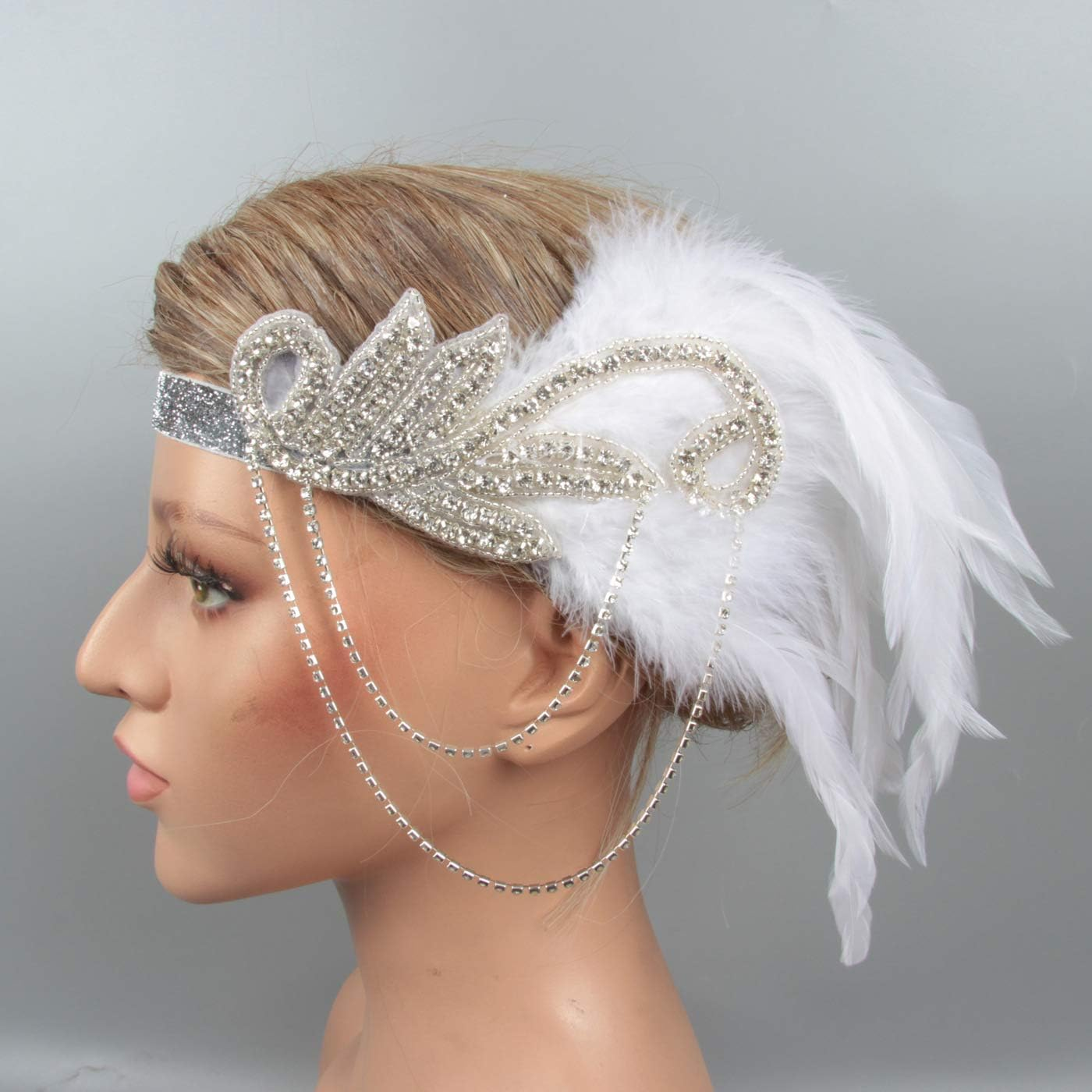 Aoozleny 1920S Feather Headwear, Musical Note Diamond Chain Headpiece, Roaring 20S Great Gatsby Headpiece Hair Accessories for Women (White) - Winered image number 2