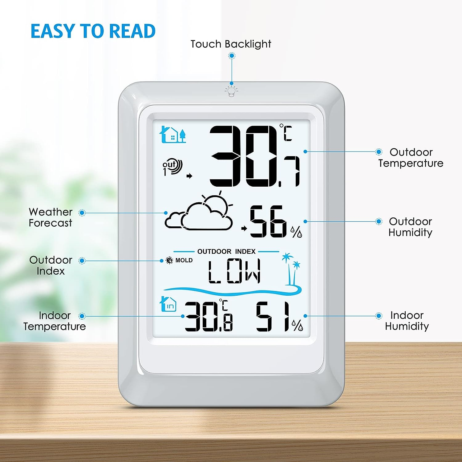 AMIR Wireless Weather Station with Outdoor Sensor, Humidity Monitor Wireless, Outdoor Indoor Thermometer Hygrometer Room Thermometer Wireless with Weather Forecast, Digital Thermometer with Backlight image number 1