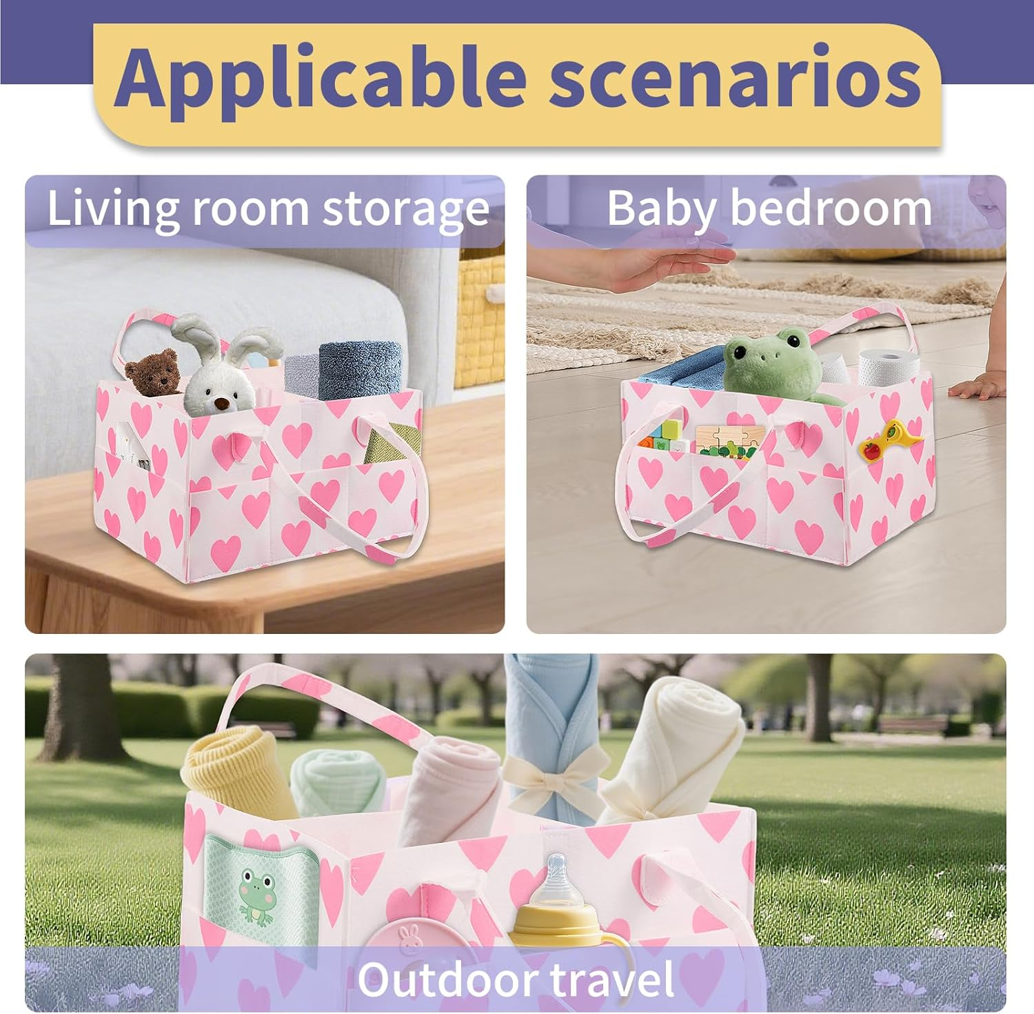 Baby Diaper Caddy Organizerm, Multiple Compartment Baby Caddy Organizer for Diaper Wipe Feeding Bottle Toy 33&times;23&times;18Cm (Pink) - Yellow image number 4